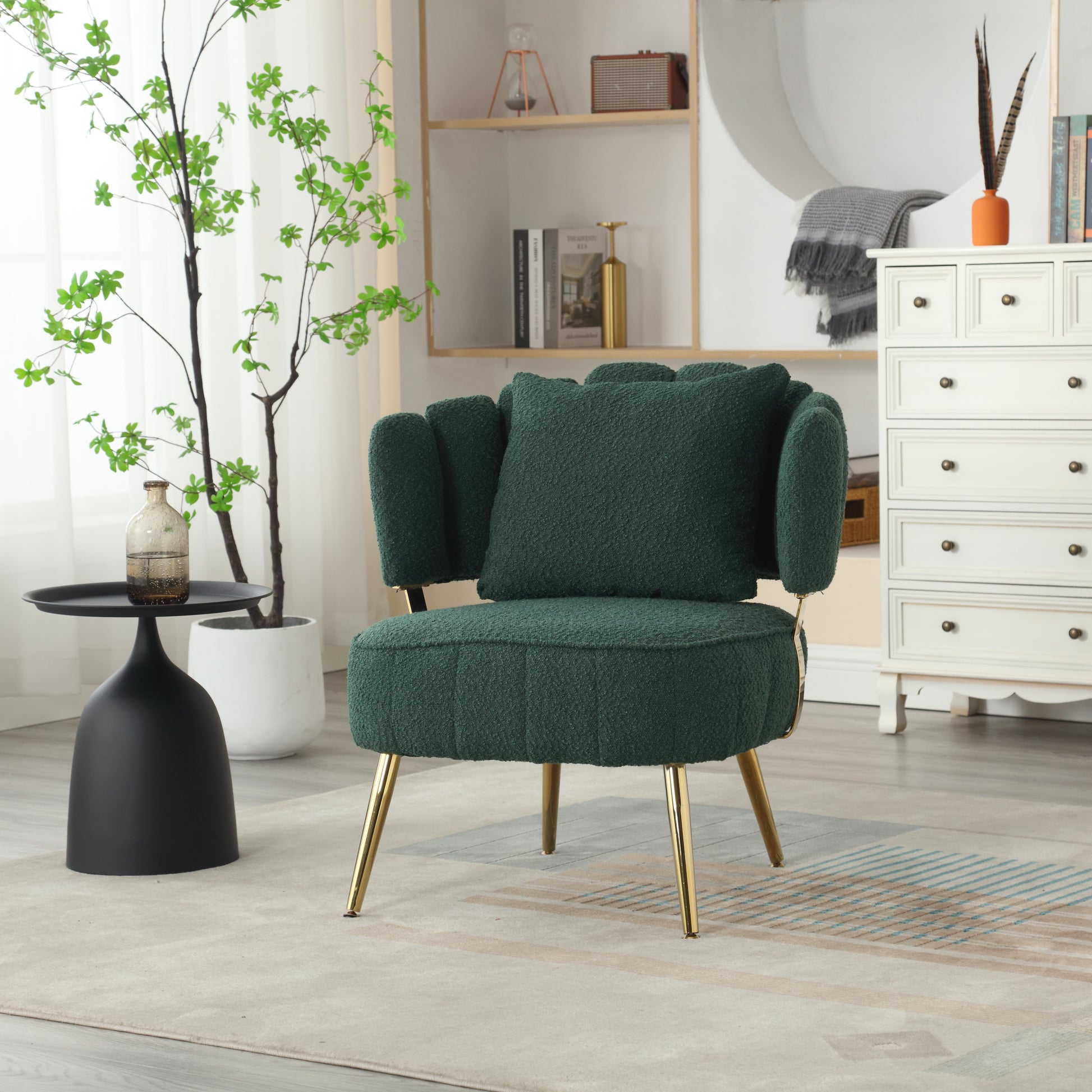 Coolmore Boucle Accent Chair Modern Upholstered Armchair Tufted Chair With Metal Frame, Single Leisure Chairs For Living Room Bedroom Emerald Boucle