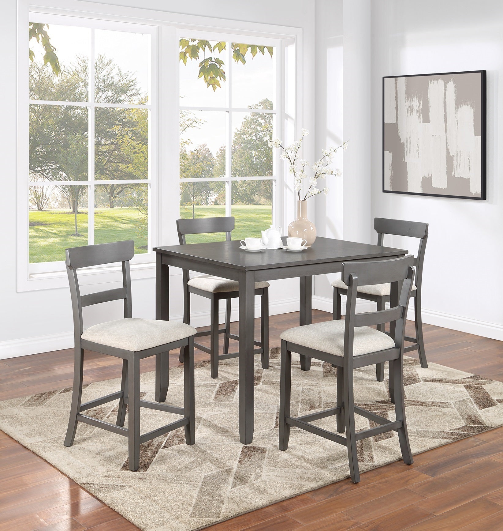 Classic Stylish Gray Natural Finish 5Pc Counter Height Dining Set Kitchen Wooden Top Table And Chairs Cushions Seats Ladder Back Chair Dining Room Gray Wood Dining Room Rectangular Dining Table With Chair Upholstered Chair Wood Natural Grey Ladder Back