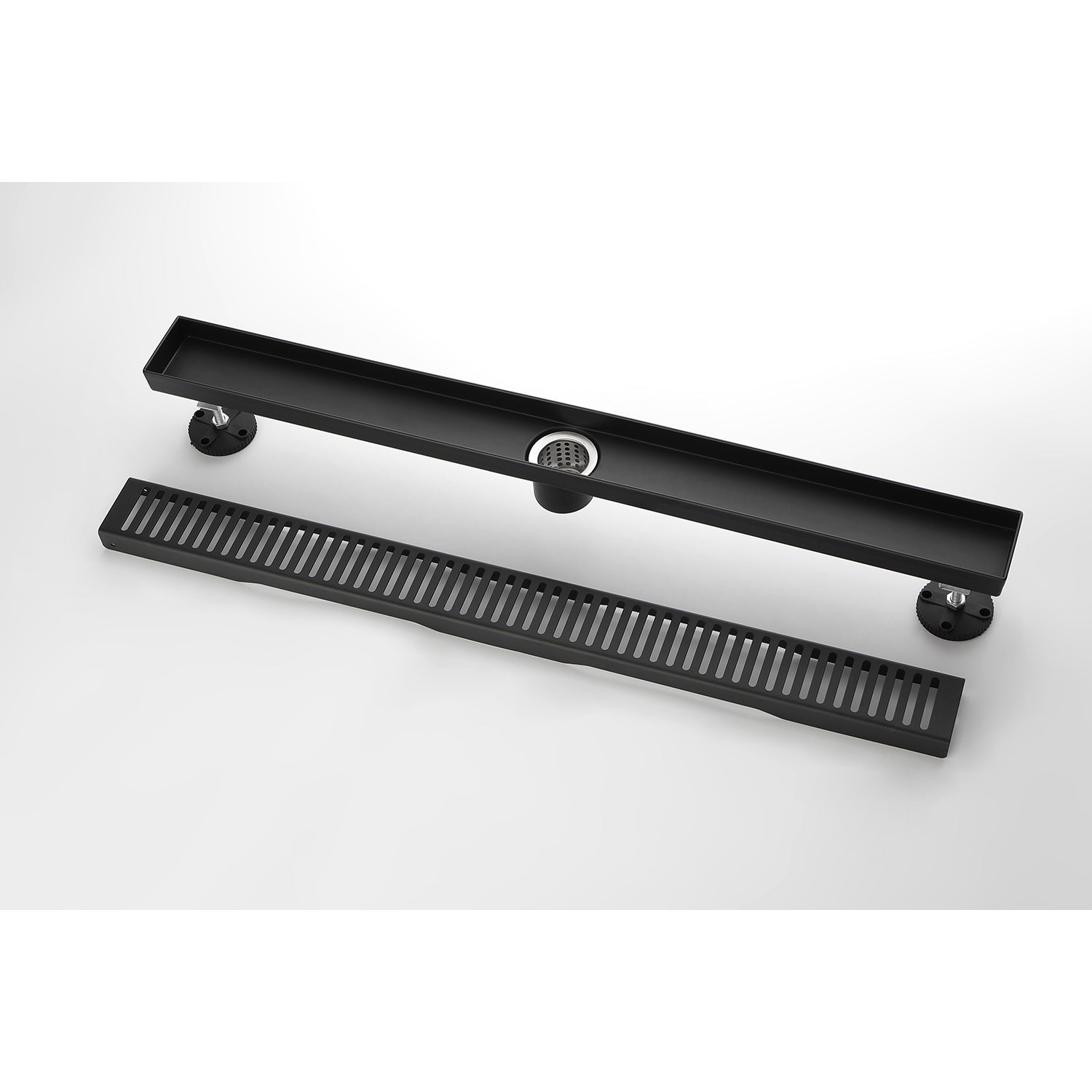 28 Inches Linear Shower Drain, Included Hair Strainer And Leveling Feet Matt Black Stainless Steel