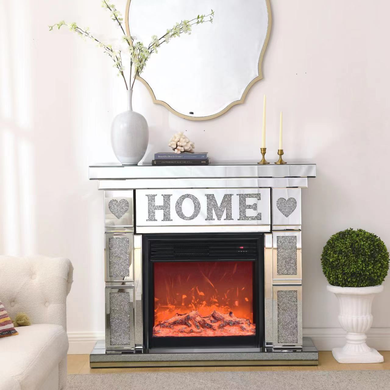 W 46" X D 12.6 X H 41 " Acrylic Diamond Mirror Fireplace Cabinet, Tv Fireplace Cabinet Powder Coated Electric Bedroom Yes Freestanding Electric 41 50 Yes Silver 400 Natural Vent American Design Acrylic Mdf Glass