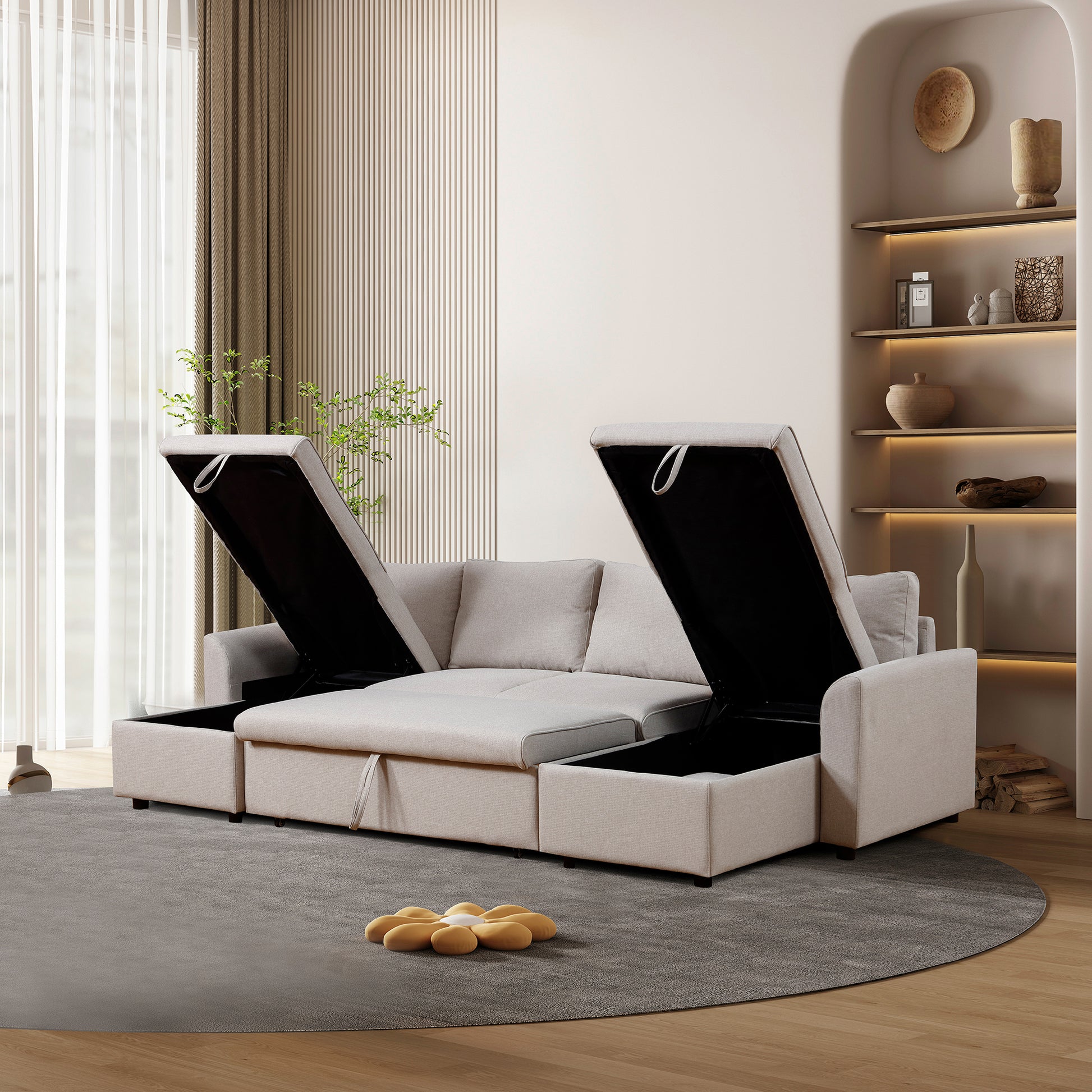 Artemax U Shape Pull Out Sleeper Sectional Sofa With Double Storage Spaces ,Beige Beige Fabric