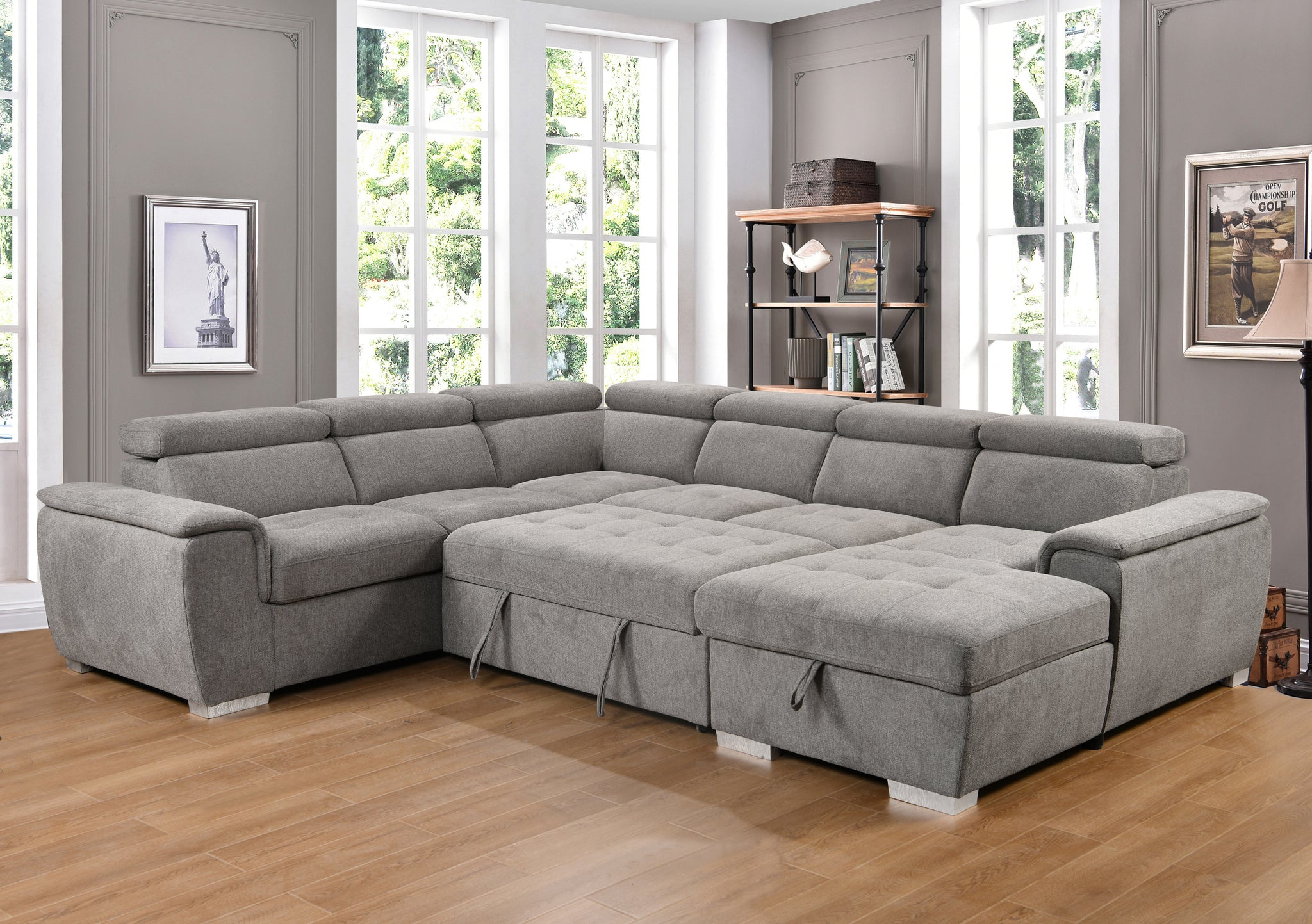 125" Modern U Shaped 7 Seat Sectional Sofa Couch With Adjustable Headrest, Sofa Bed With Storage Chaise Pull Out Couch Bed For Living Room ,Light Gray Light Gray Foam Upholstered