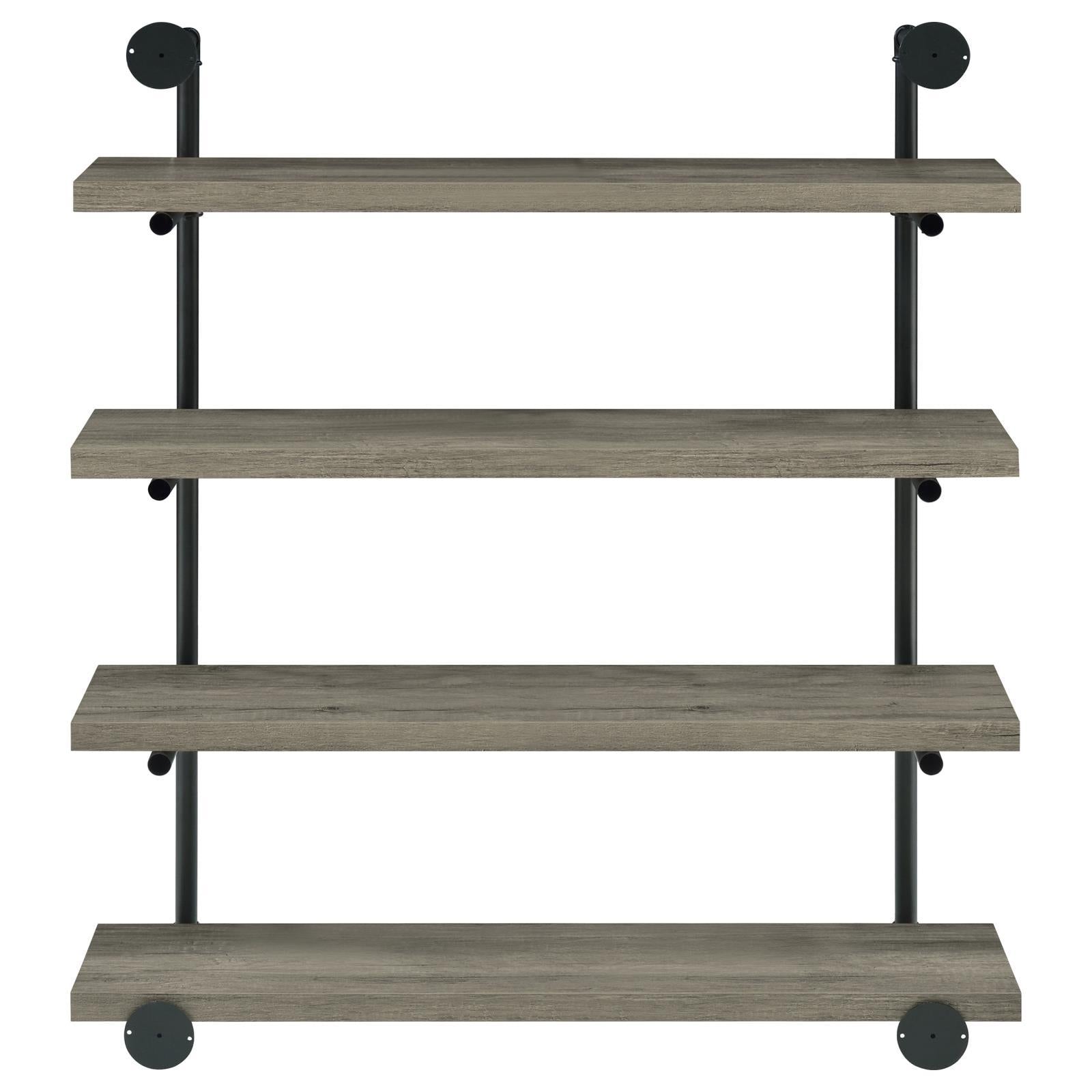 Black And Grey Driftwood 4 Tier Wall Shelf 4 Black Grey Gray Vertical Office Open Back Wood Farmhouse,Rustic Wall Mounted Wood Metal