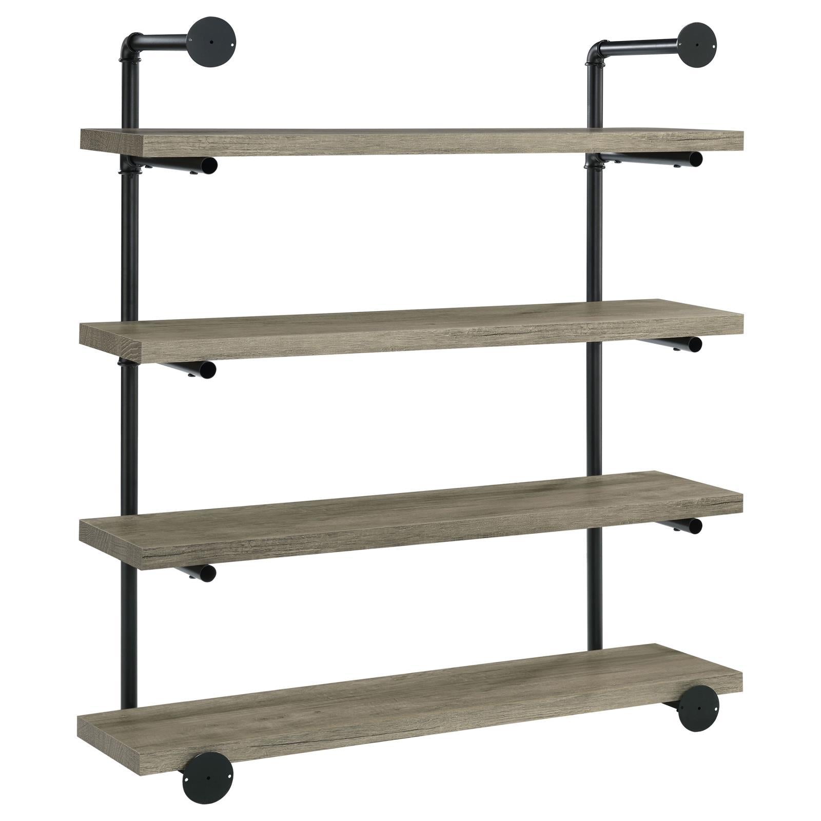 Black And Grey Driftwood 4 Tier Wall Shelf 4 Black Grey Gray Vertical Office Open Back Wood Farmhouse,Rustic Wall Mounted Wood Metal