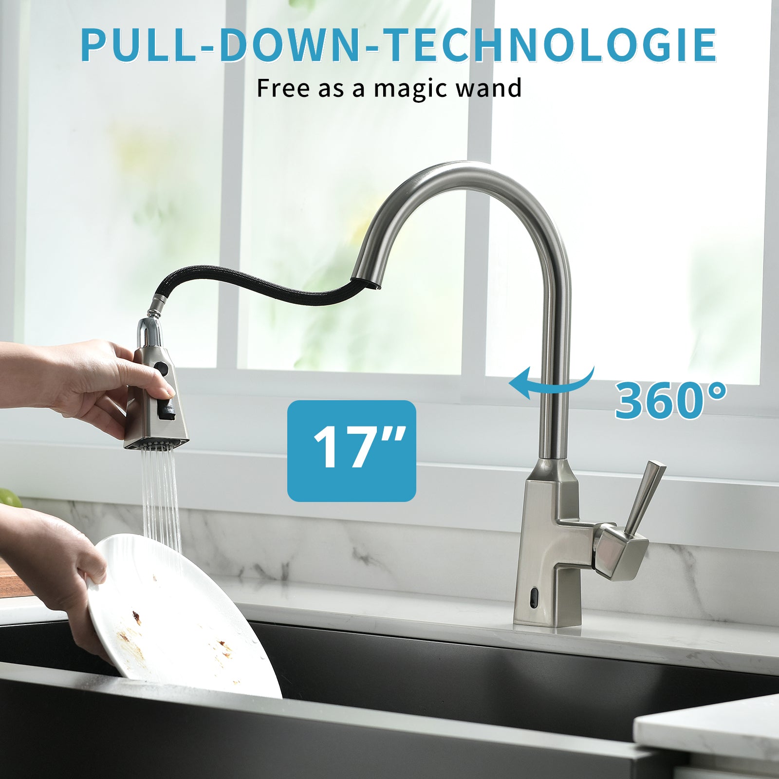 Touchless Kitchen Faucet,Hands Free Automatic Smart Kitchen Faucet Brushed Nickel Kitchen Contemporary Ceramic Brass