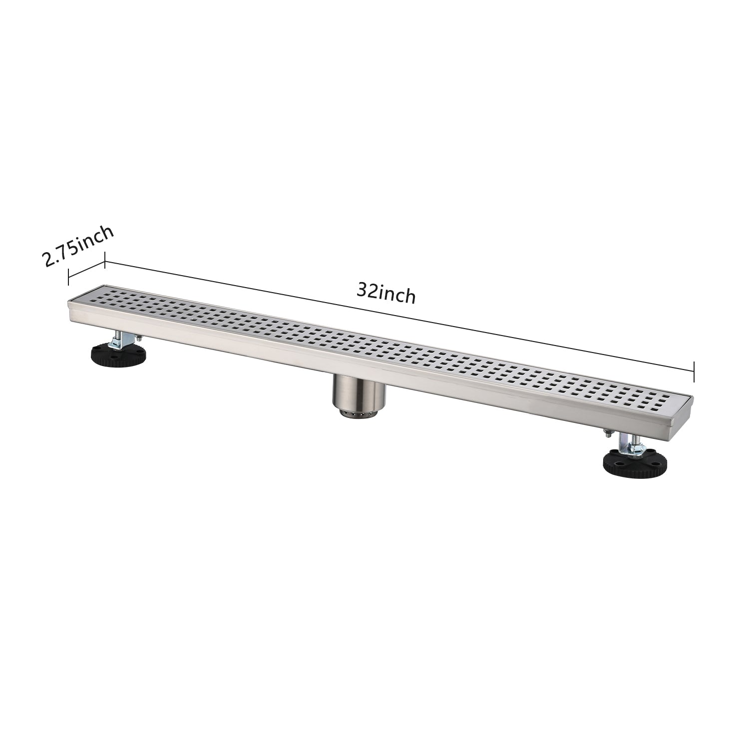 32 Inches Linear Shower Drain, Included Hair Strainer And Leveling Feet Brushed Nickel Stainless Steel