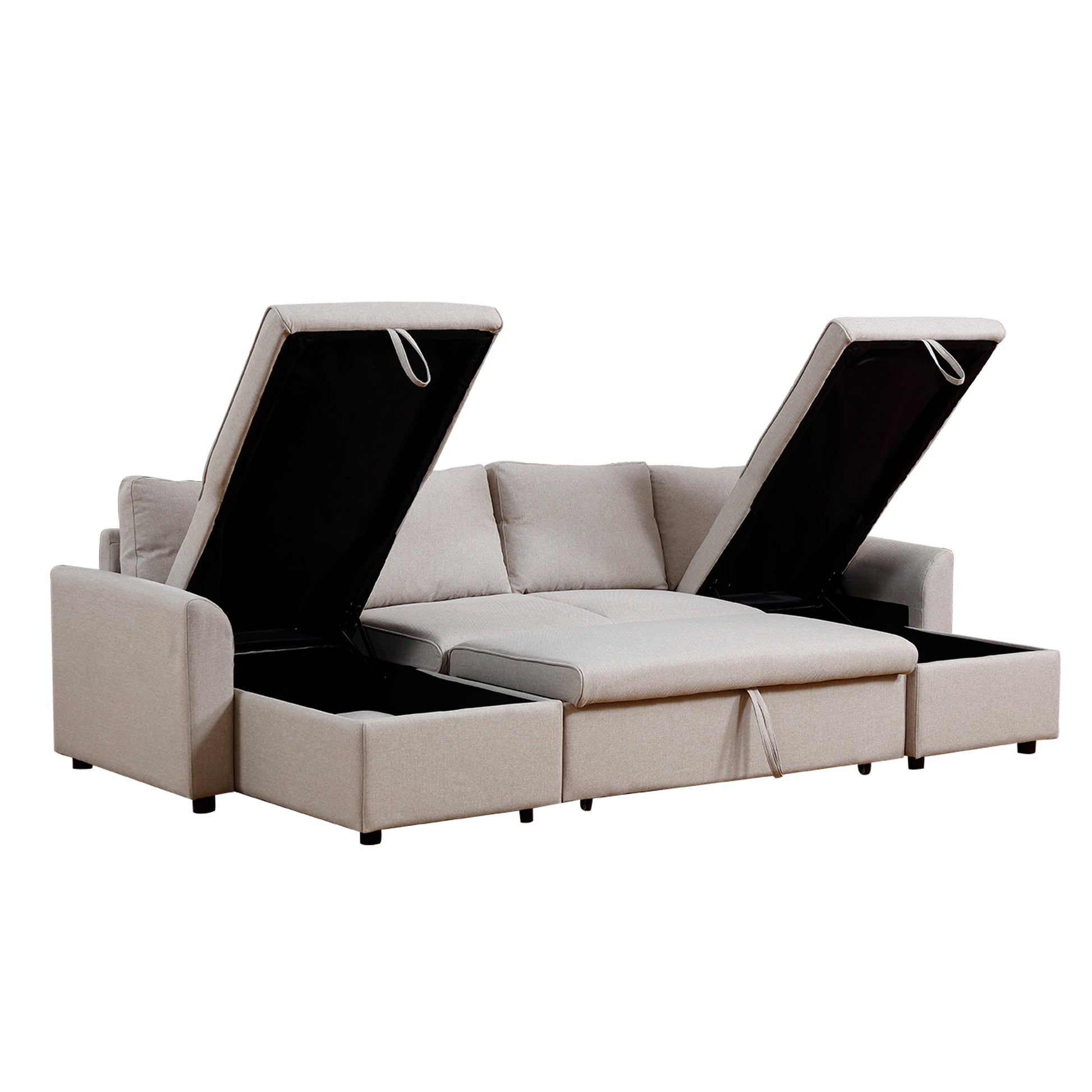 Artemax U Shape Pull Out Sleeper Sectional Sofa With Double Storage Spaces ,Beige Beige Fabric