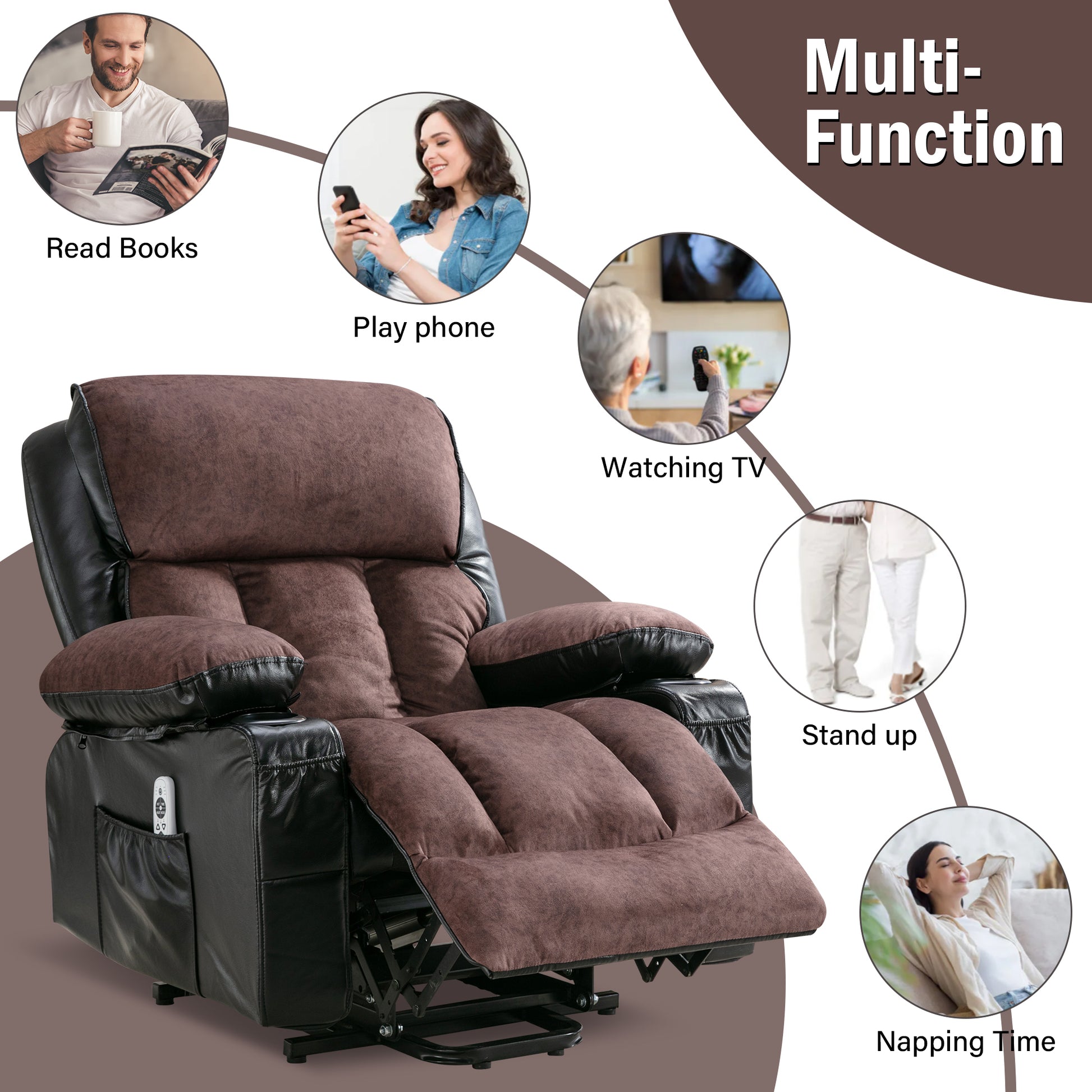 Power Lift Recliner Chair Recliners For Elderly With Heat And Massage Recliner Chair For Living Room With Infinite Position And Side Pocket,Usb Charge Port.Blackbrown Black Brown Power Push Button Soft Heavy Duty Cotton Wood Metal