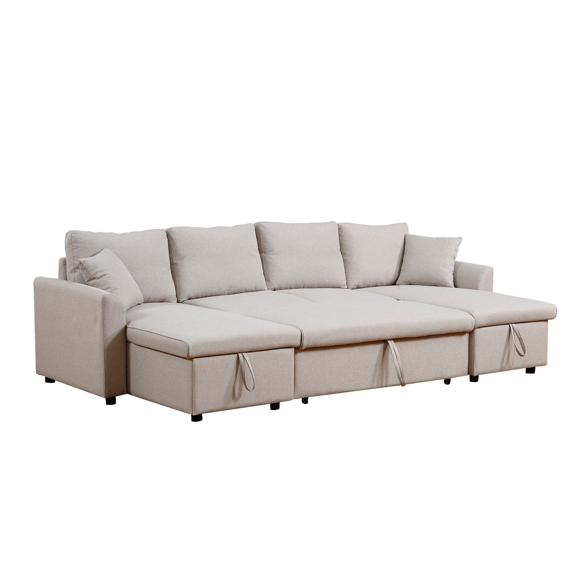 Artemax U Shape Pull Out Sleeper Sectional Sofa With Double Storage Spaces ,Beige Beige Fabric