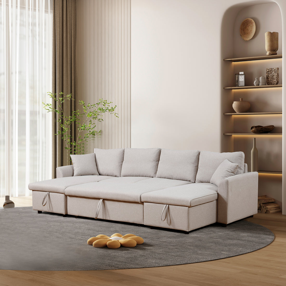 Artemax U Shape Pull Out Sleeper Sectional Sofa With Double Storage Spaces ,Beige Beige Fabric