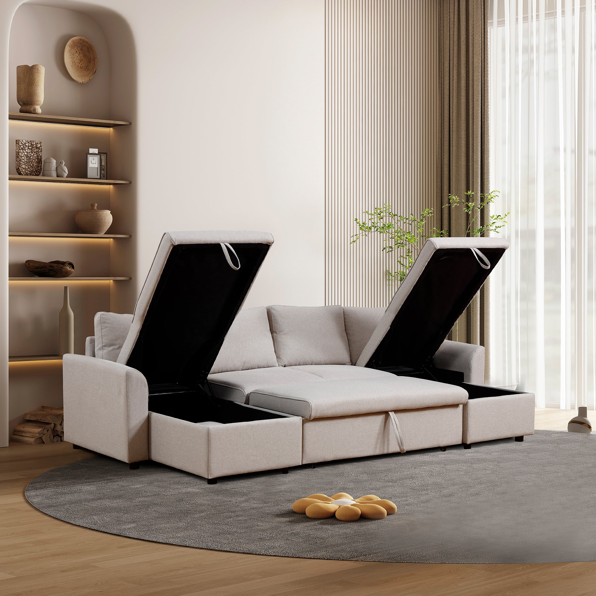 Artemax U Shape Pull Out Sleeper Sectional Sofa With Double Storage Spaces ,Beige Beige Fabric