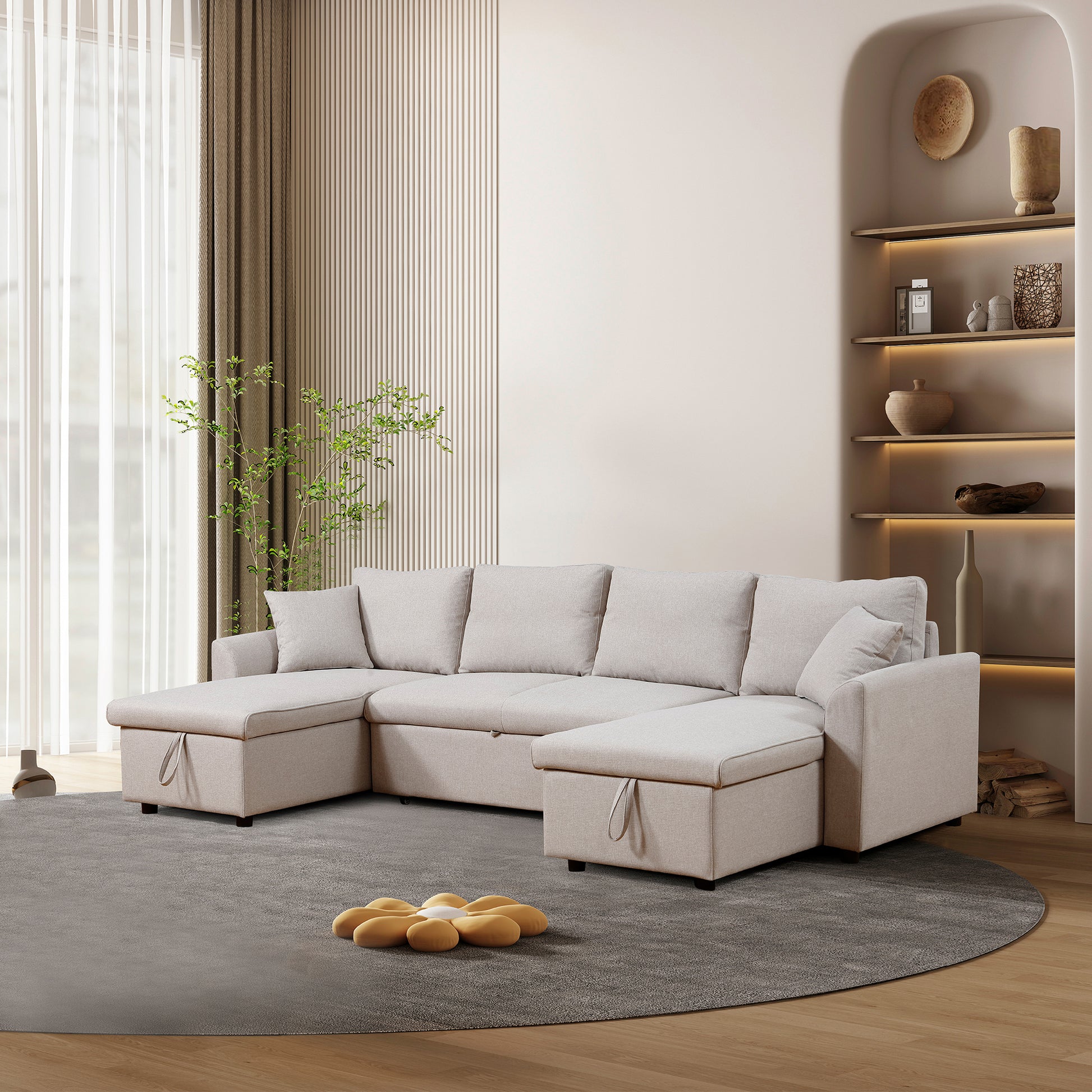 Artemax U Shape Pull Out Sleeper Sectional Sofa With Double Storage Spaces ,Beige Beige Fabric