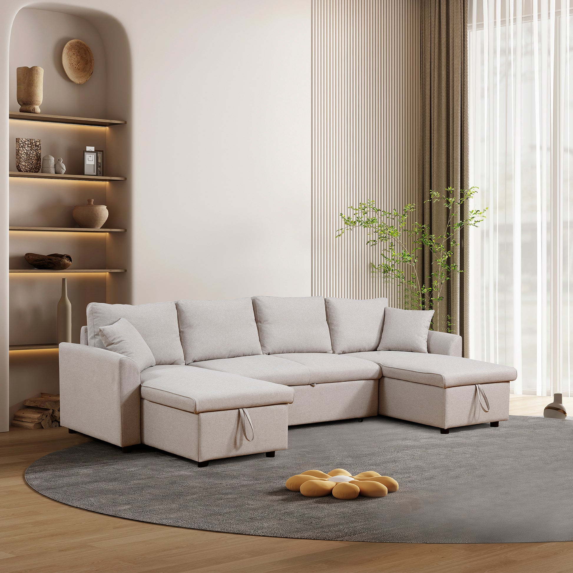 Artemax U Shape Pull Out Sleeper Sectional Sofa With Double Storage Spaces ,Beige Beige Fabric