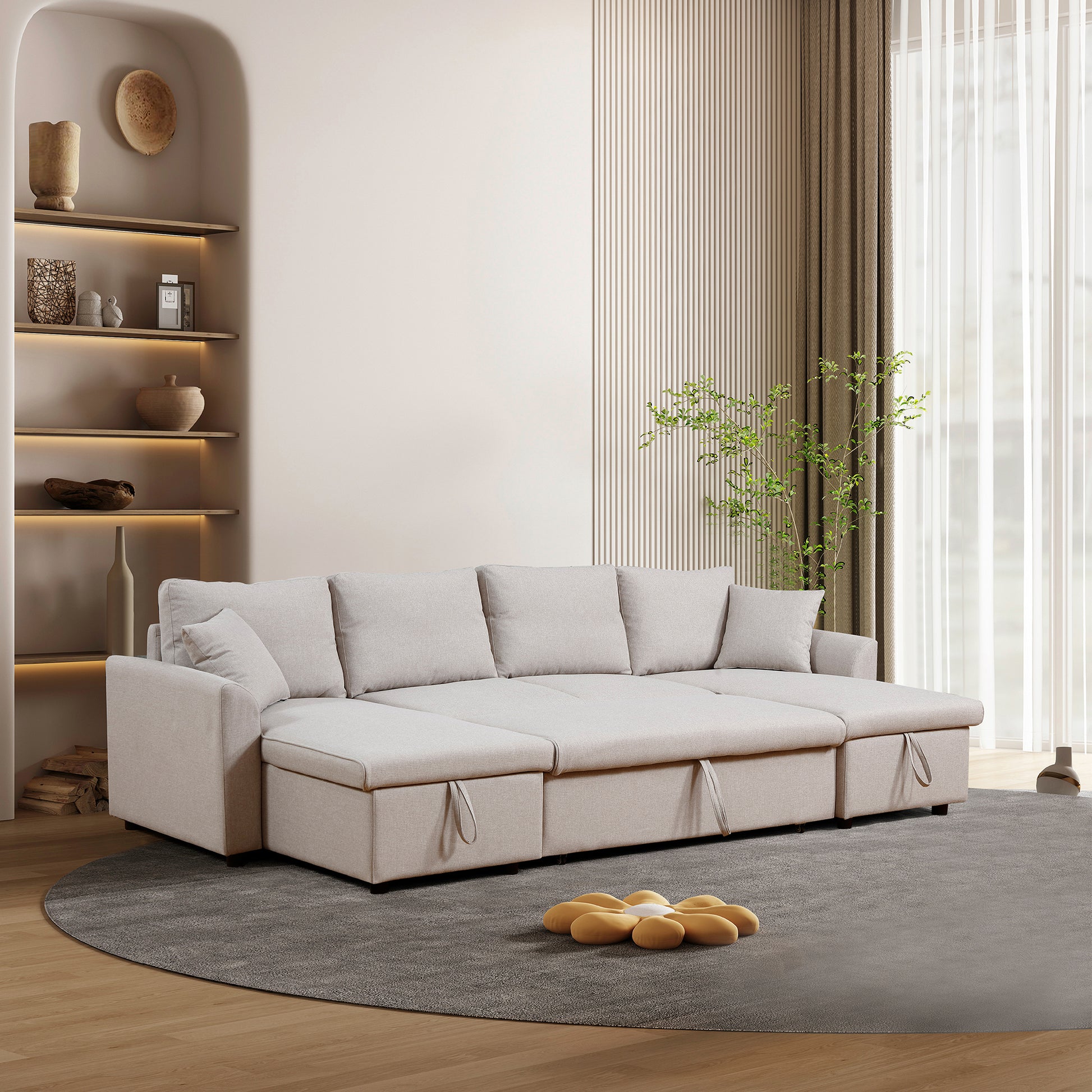 Artemax U Shape Pull Out Sleeper Sectional Sofa With Double Storage Spaces ,Beige Beige Fabric