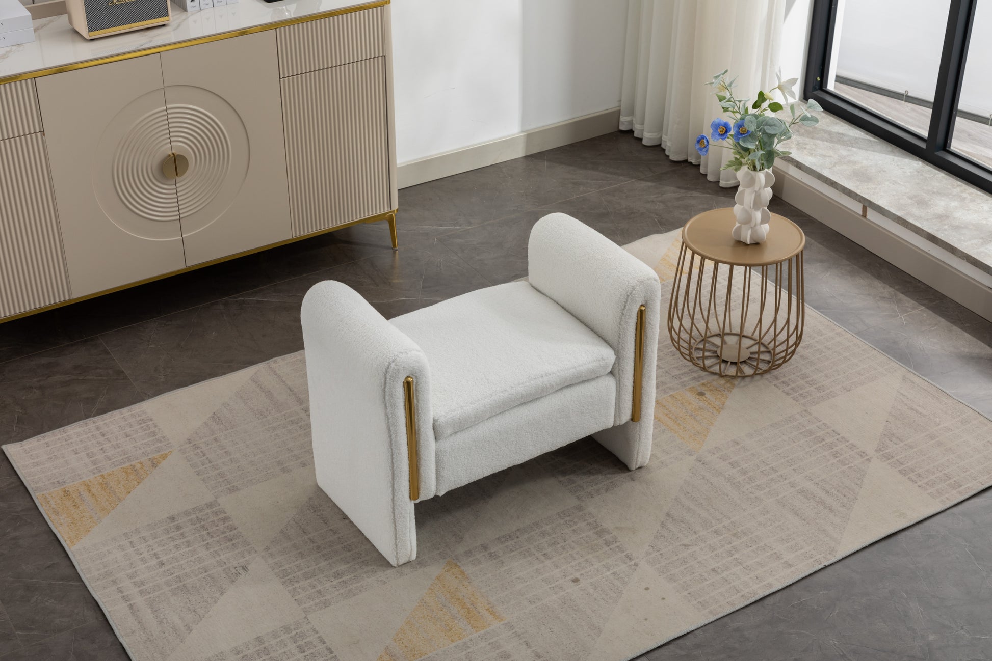 031 Teddy Fabric Single Bench Shoe Bench Makeup Bench For Bedroom Indoor,Ivory Wood Bedroom White Solid Eucalyptus Wood Tufted Ivory Polyester Backless Soft Modern Foam Teddy