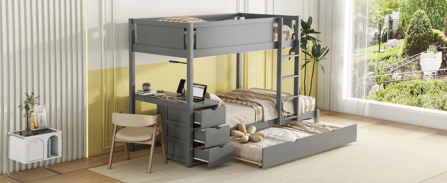 Twin Over Twin Bunk Bed With Twin Size Trundle, Storage And Desk, Gray Gray Solid Wood