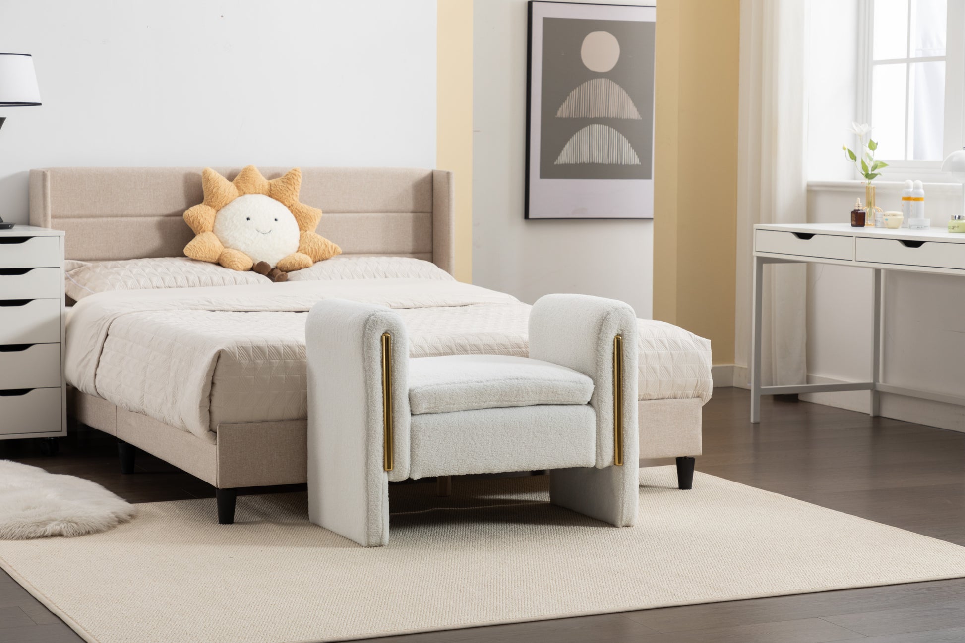 031 Teddy Fabric Single Bench Shoe Bench Makeup Bench For Bedroom Indoor,Ivory Wood Bedroom White Solid Eucalyptus Wood Tufted Ivory Polyester Backless Soft Modern Foam Teddy