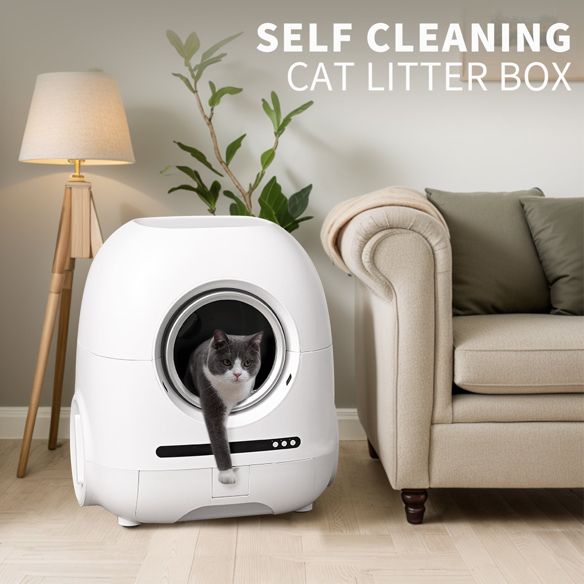 Self Cleaning Cat Litter Box, 68L 9L, Suitable For A Variety Of Cat Litter, App Control, Real Time Video, Photo And Video, Safe And Reliable, Ionic Deodorization, With Exhaust Hose, Support Wifi White Abs