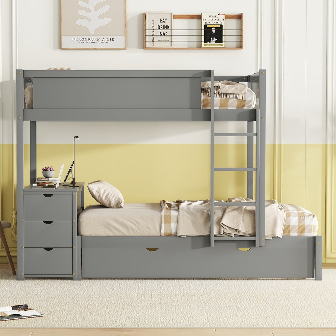 Twin Over Twin Bunk Bed With Twin Size Trundle, Storage And Desk, Gray Gray Solid Wood