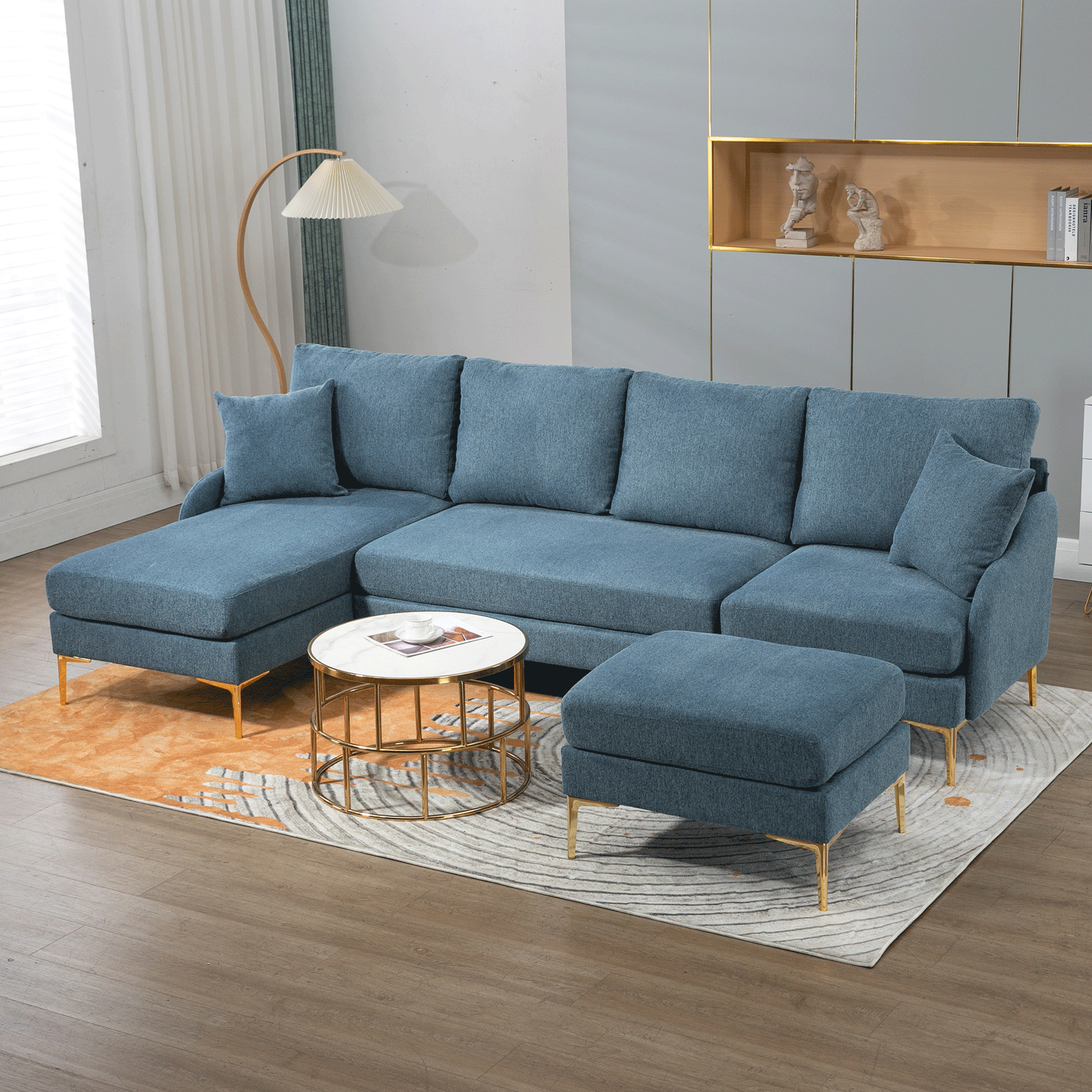 110'' Wide Reversible Left Or Right Chaise Of Sectional Sofa U Shape Convertible Sofa Couch 4 Seat Couch With Chaise Lounge Upholstered For Living Room, Apartment, Office, Blue Polyester Blend Blue Foam Polyester