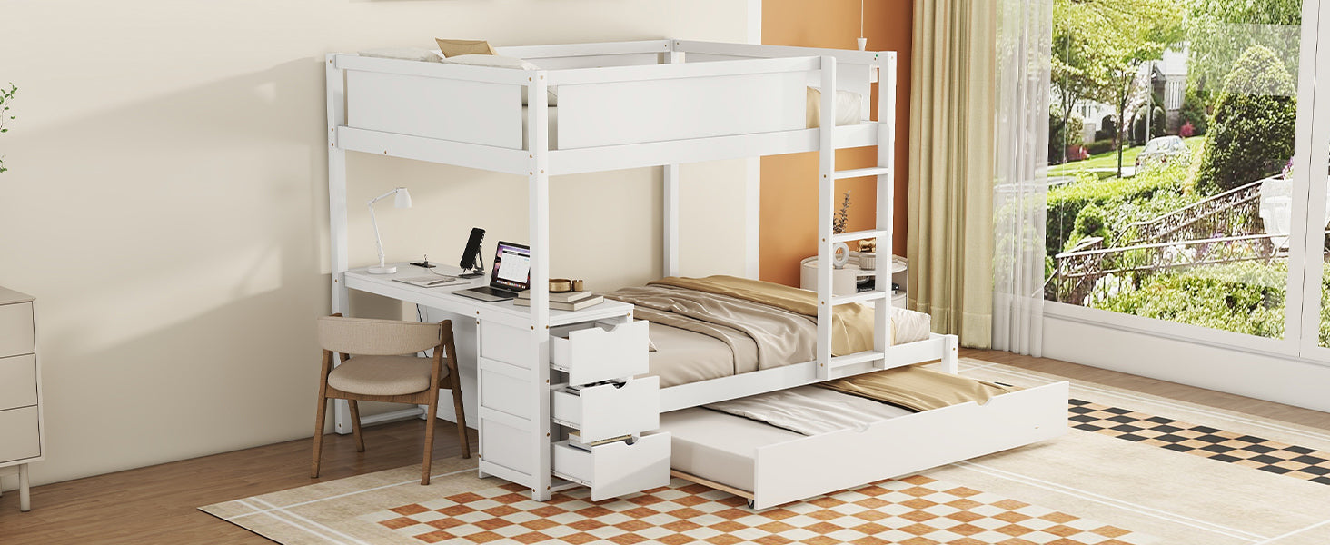 Full Over Full Bunk Bed With Twin Size Trundle, Storage And Desk, White White Solid Wood