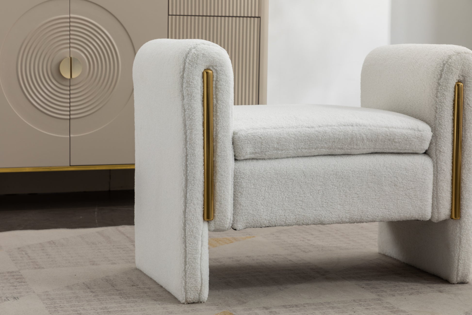 031 Teddy Fabric Single Bench Shoe Bench Makeup Bench For Bedroom Indoor,Ivory Wood Bedroom White Solid Eucalyptus Wood Tufted Ivory Polyester Backless Soft Modern Foam Teddy
