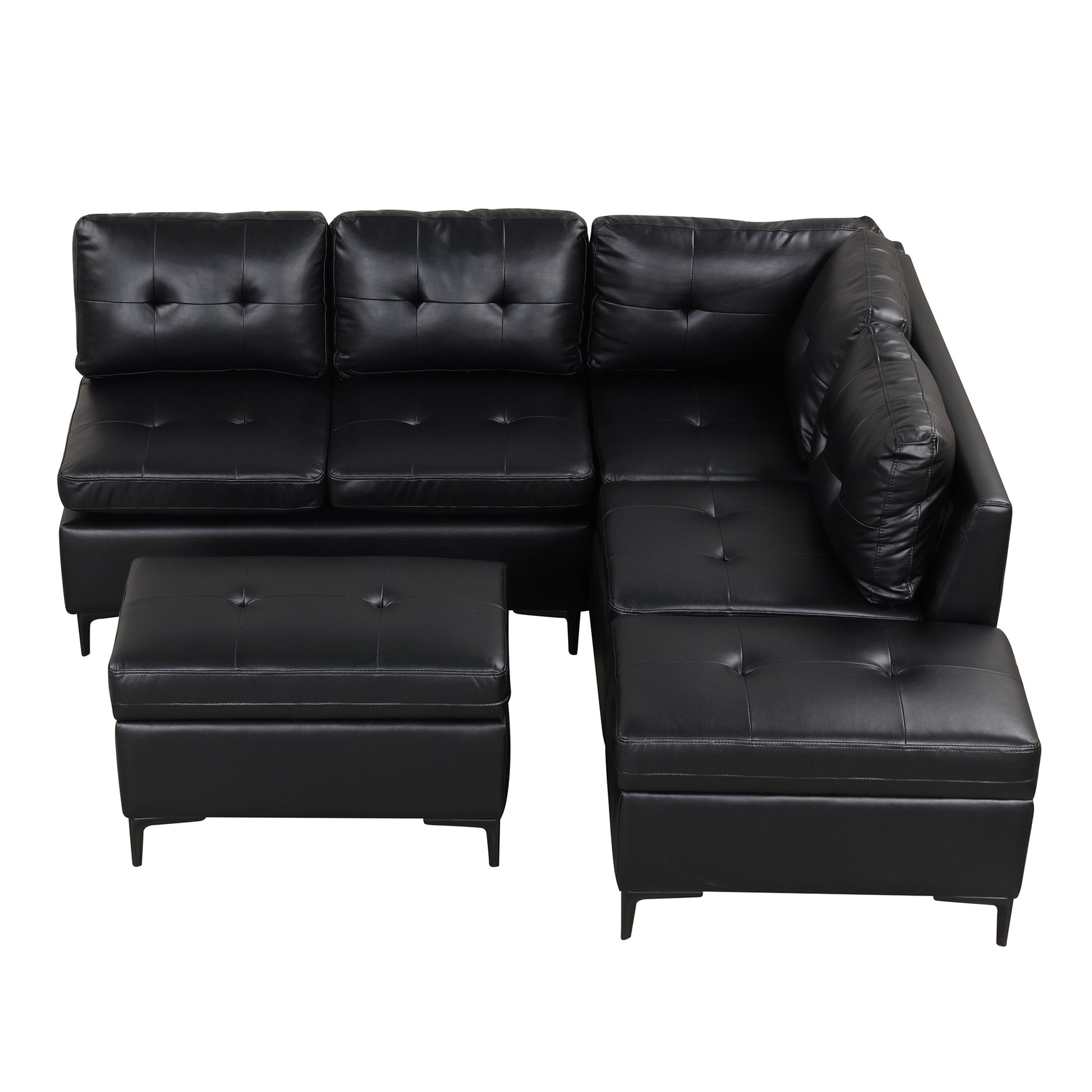 94.88" L Shaped Corner Sofa Pu Leather Sectional Sofa Couch With Movable Storage Ottomans For Living Room, Black Black Foam Pu Leather