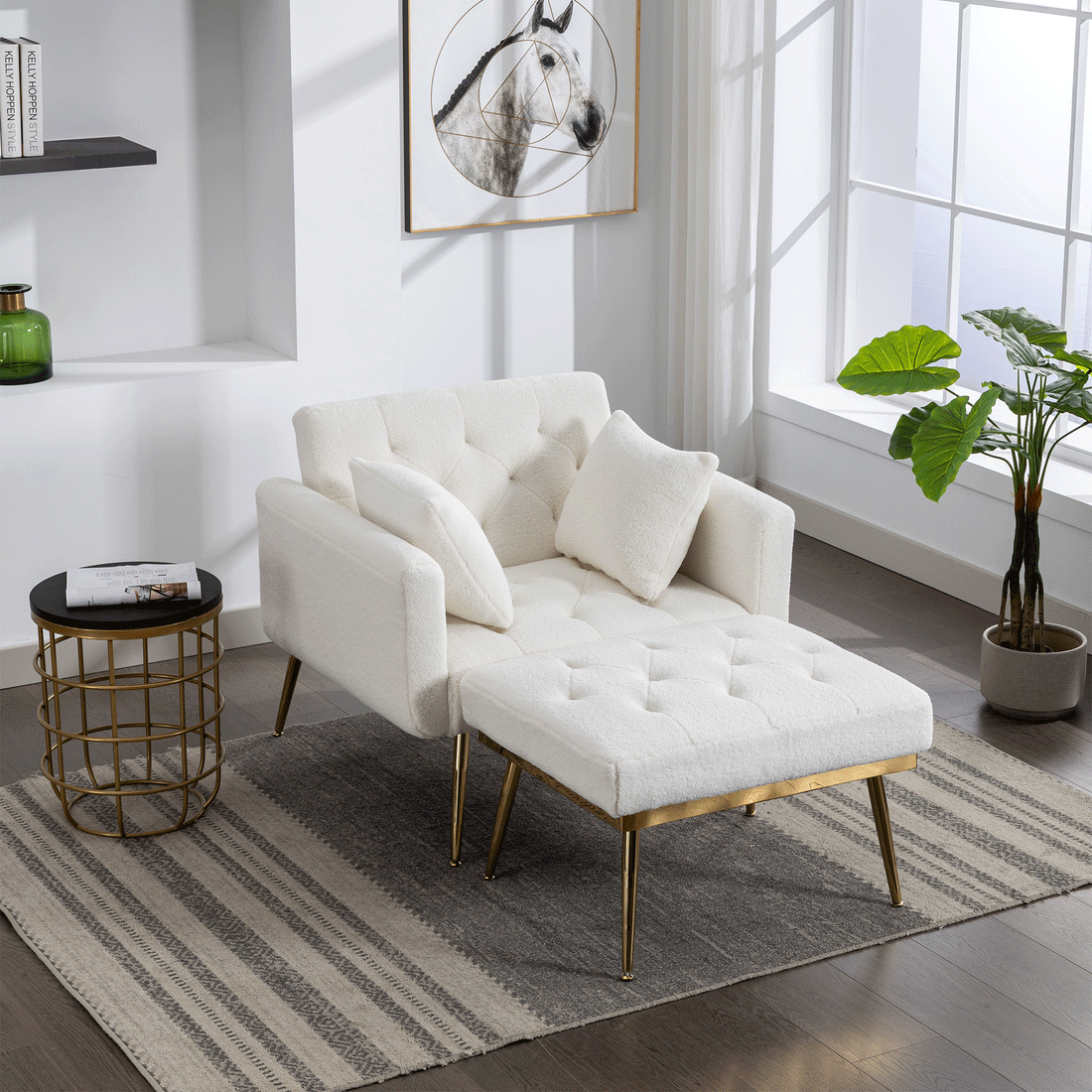 36.61'' Wide Modern Accent Chair With 3 Positions Adjustable Backrest, Tufted Chaise Lounge Chair, Single Recliner Armchair With Ottoman And Gold Legs For Living Room, Bedroom Ivory Ivory Foam Sherpa