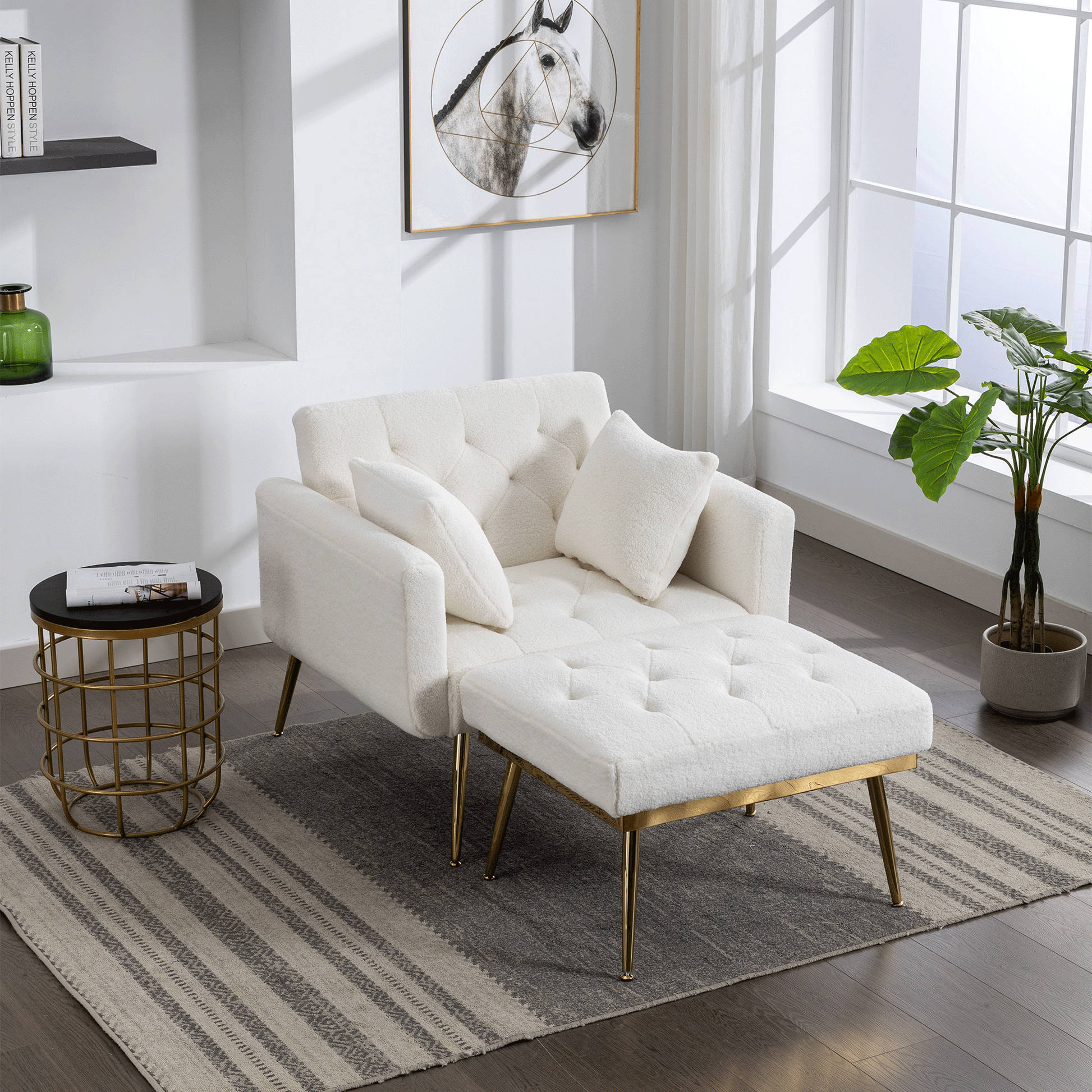 36.61'' Wide Modern Accent Chair With 3 Positions Adjustable Backrest, Tufted Chaise Lounge Chair, Single Recliner Armchair With Ottoman And Gold Legs For Living Room, Bedroom Ivory Ivory Foam Sherpa