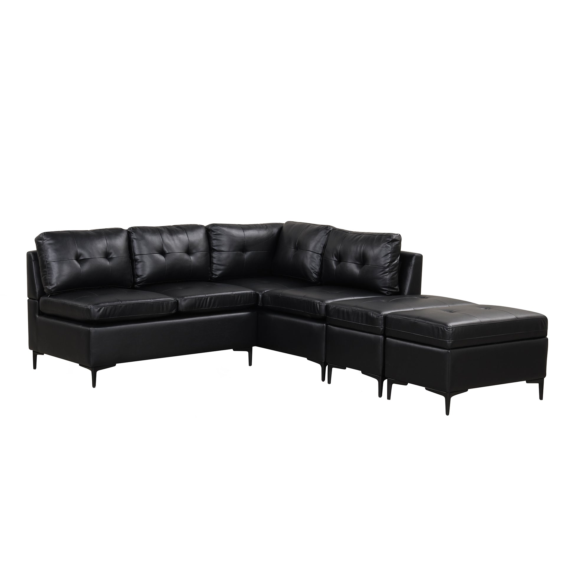 94.88" L Shaped Corner Sofa Pu Leather Sectional Sofa Couch With Movable Storage Ottomans For Living Room, Black Black Foam Pu Leather