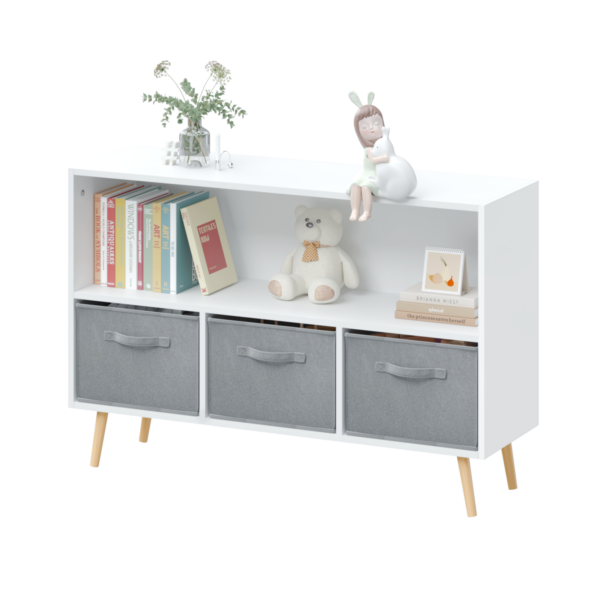 Kids Bookcase With Collapsible Fabric Drawers, Children'S Book Display, Toy Storage Cabinet Organizer, White Gray White Gray Mdf