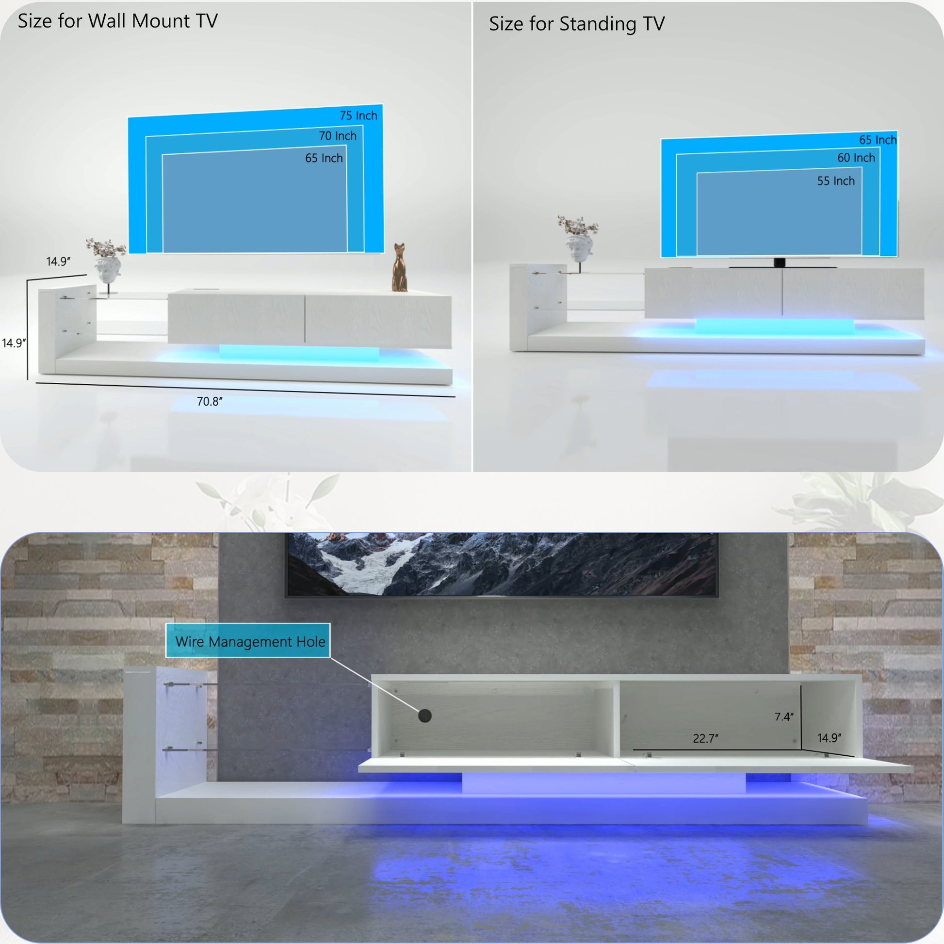 Tv Console With Storage Cabinets, Full Rgb Color 31 Modes Changing Lights Remote Rgb Led Tv Stand, Modern Entertainment Center White For 75 Inches Tv White Primary Living Space 75 Inches 70 79 Inches Modern 75 Inches Particle Board