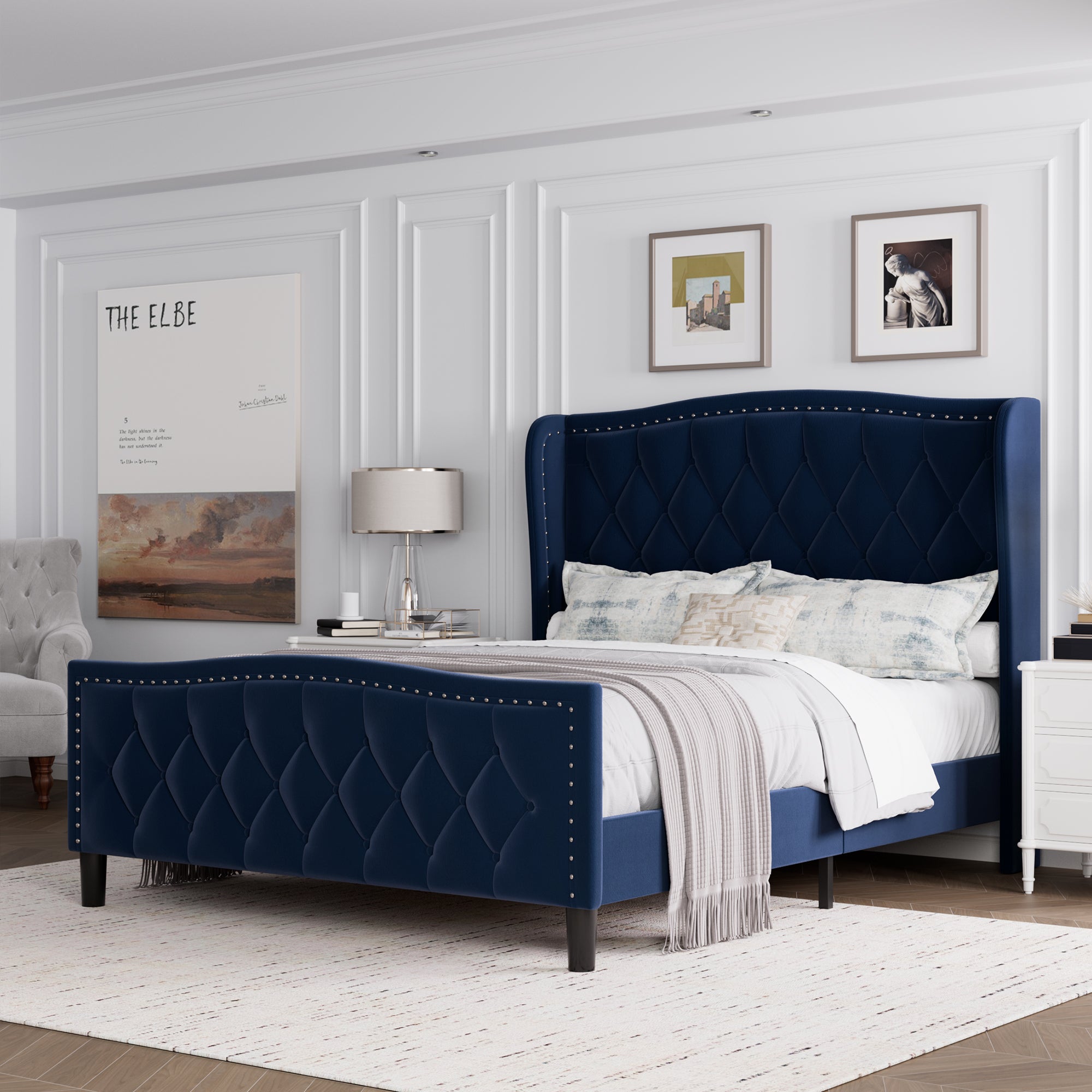 Full Size Bed Frame, Modern Upholstered Platform Bed With Wingback Headboard, Velvet Bed Frame With Wood Slat Support, Easy Assembly, No Box Spring Needed Blue, Full Full Blue Iron