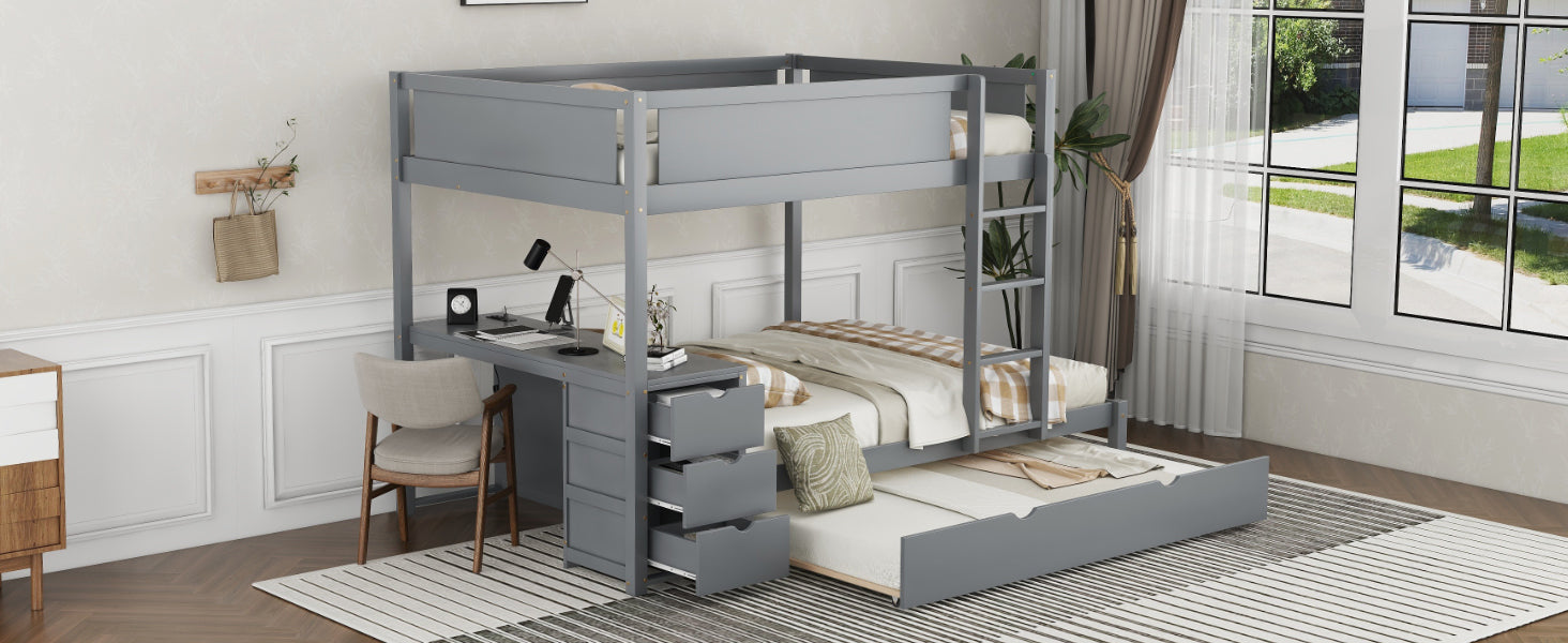 Full Over Full Bunk Bed With Twin Size Trundle, Storage And Desk, Gray Gray Solid Wood