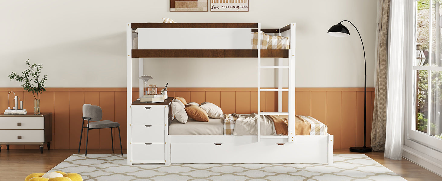 Full Over Full Bunk Bed With Twin Size Trundle, Storage And Desk, White Walnut White Walnut Solid Wood