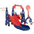 5 In 1 Slide And Swing Playing Set, Toddler Extra Long Slide With 2 Basketball Hoops, Football, Ringtoss, Indoor Outdoor Red Hdpe