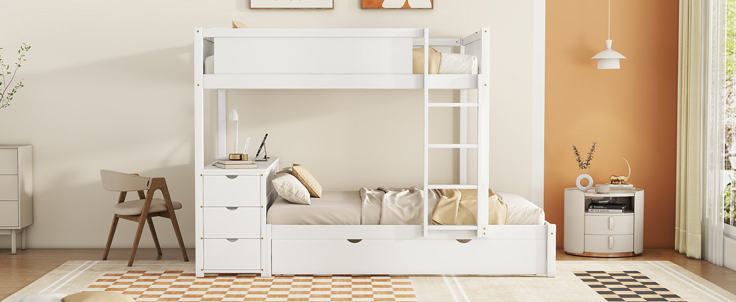 Full Over Full Bunk Bed With Twin Size Trundle, Storage And Desk, White White Solid Wood