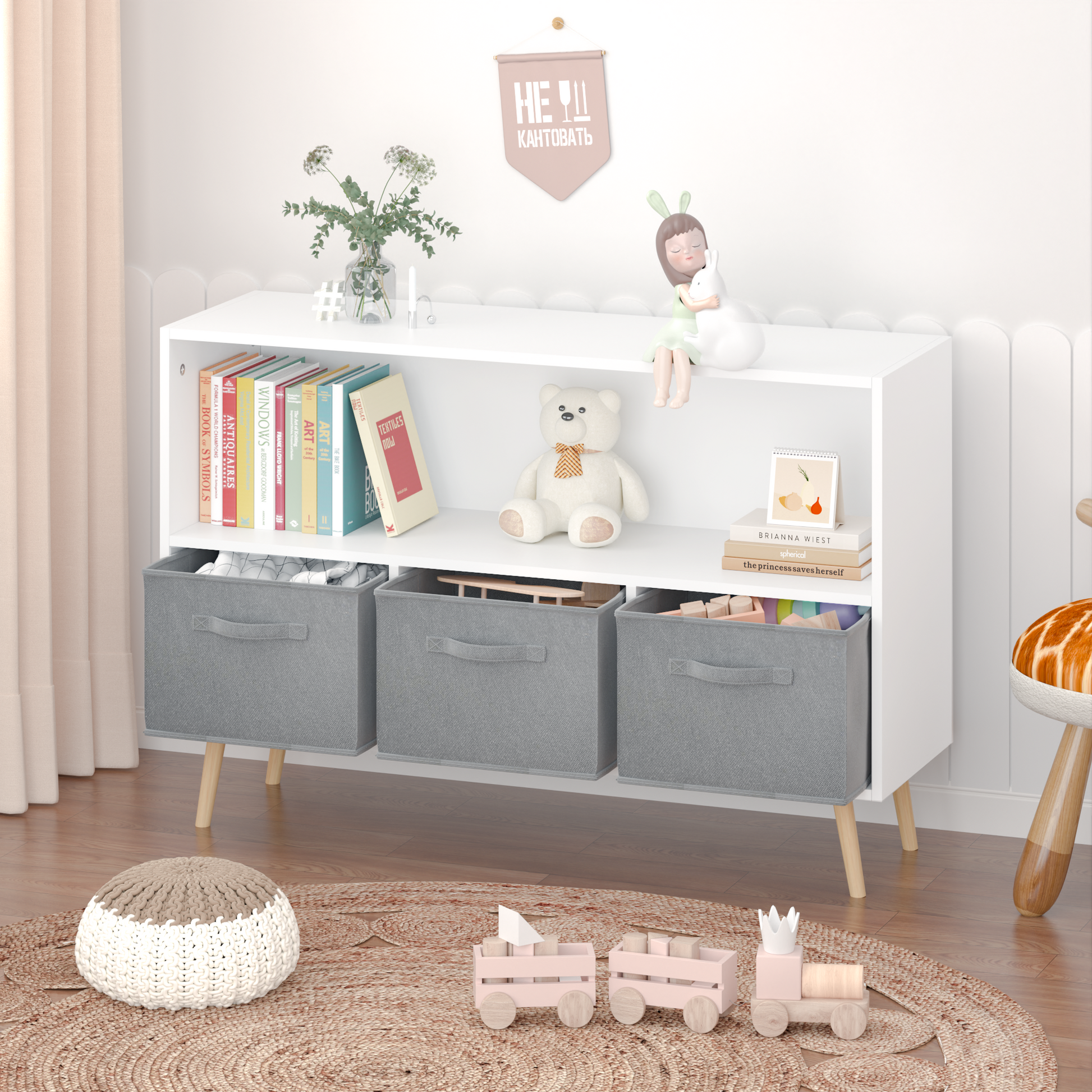 Kids Bookcase With Collapsible Fabric Drawers, Children'S Book Display, Toy Storage Cabinet Organizer, White Gray White Gray Mdf