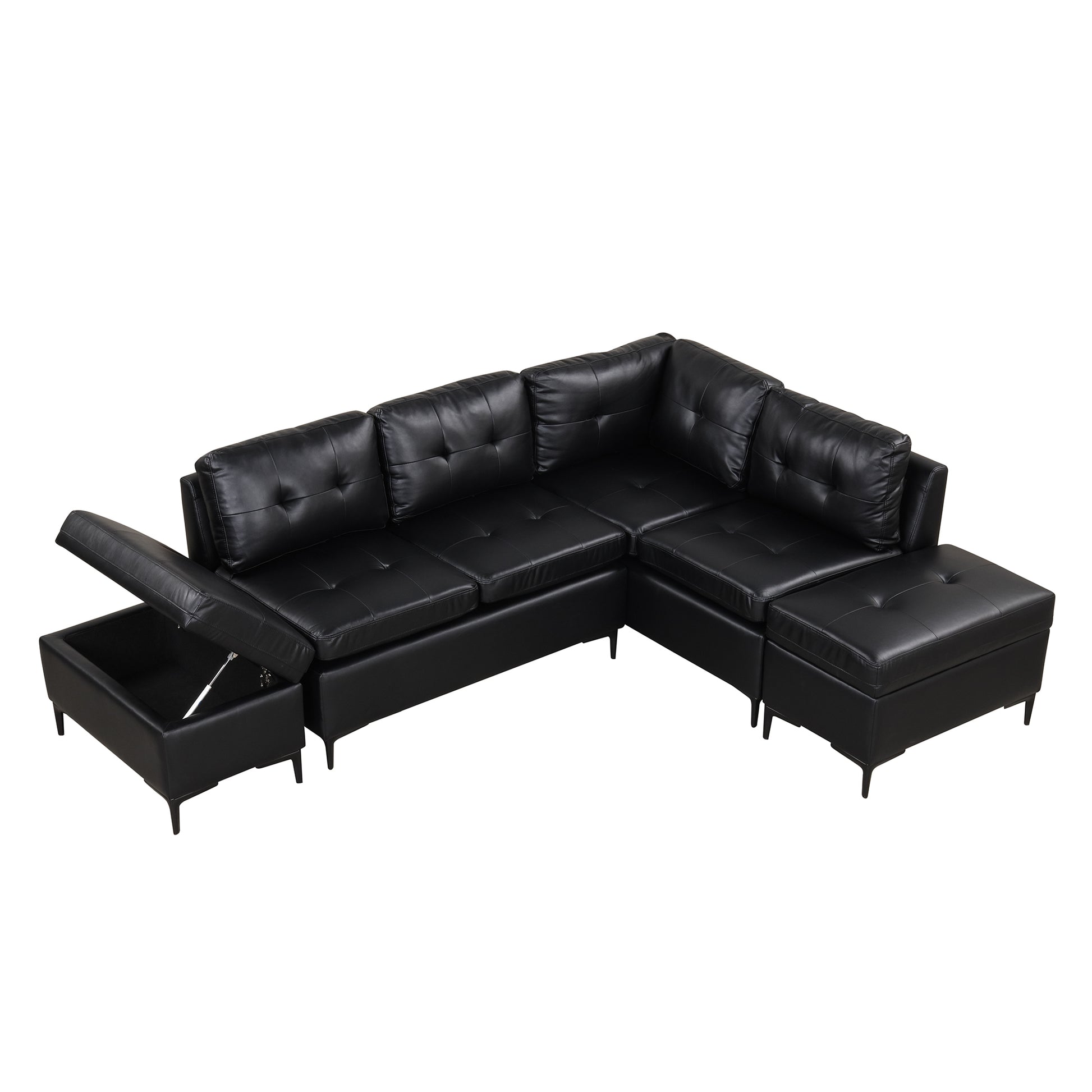 94.88" L Shaped Corner Sofa Pu Leather Sectional Sofa Couch With Movable Storage Ottomans For Living Room, Black Black Foam Pu Leather