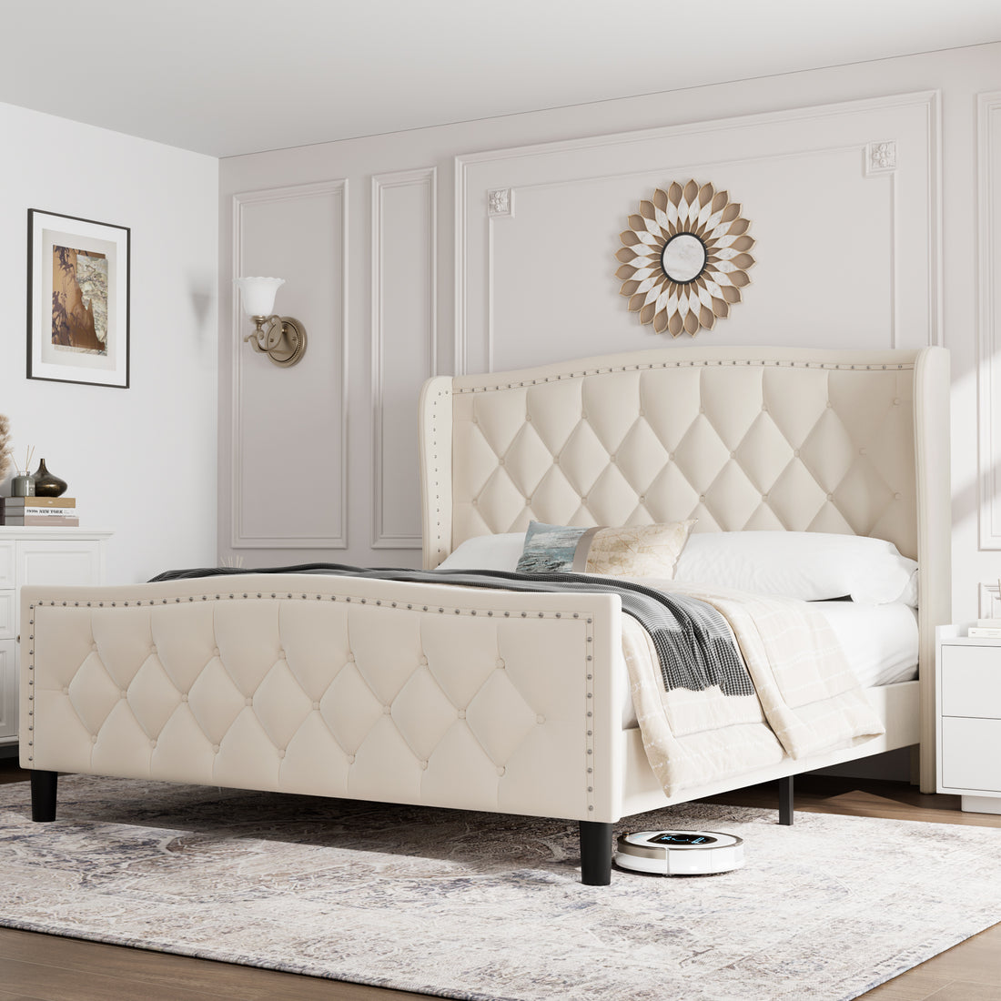 Full Size Bed Frame, Modern Upholstered Platform Bed With Wingback Headboard, Velvet Bed Frame With Wood Slat Support, Easy Assembly, No Box Spring Needed White, Full Box Spring Not Required Full Off White Bedroom Bed Frame Iron