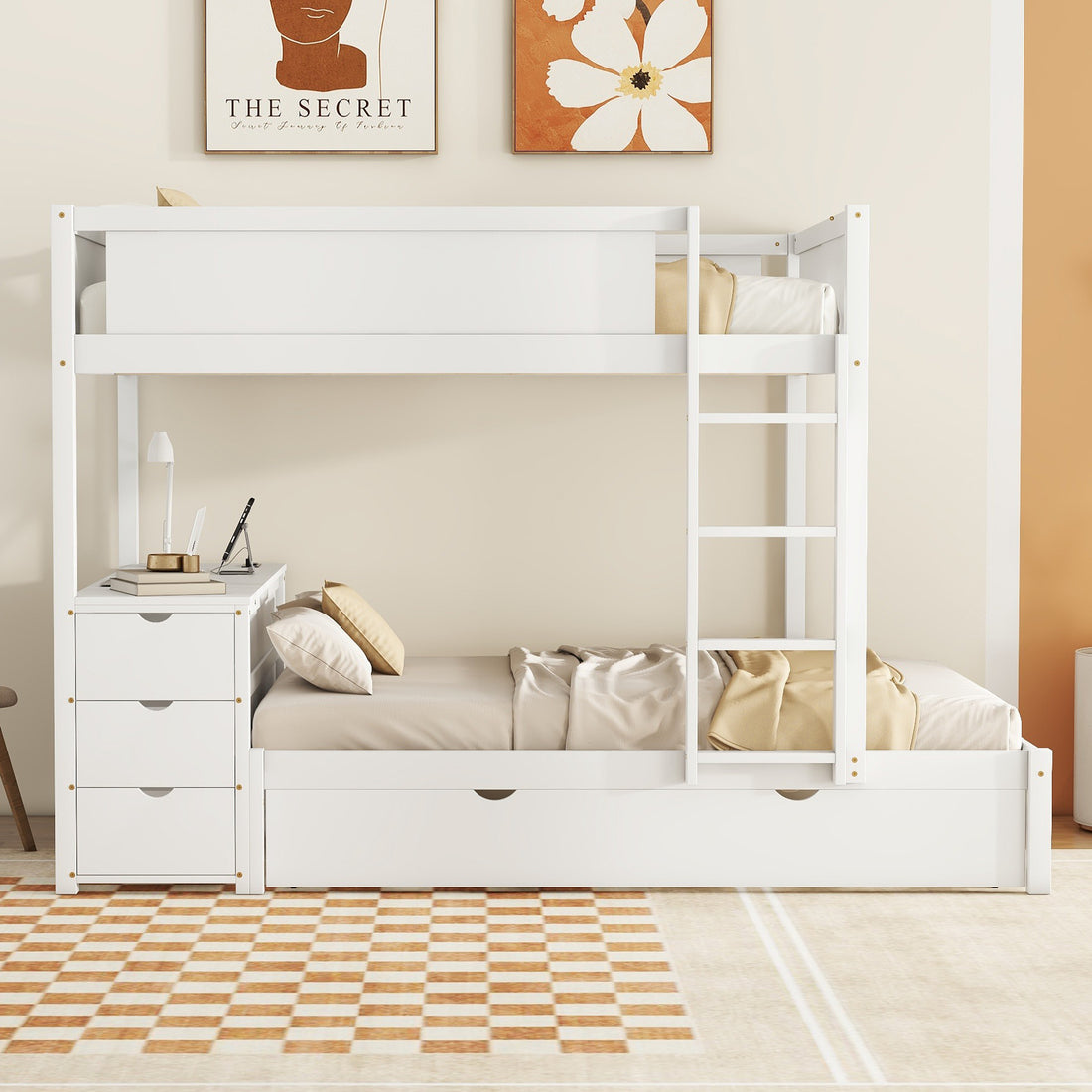 Full Over Full Bunk Bed With Twin Size Trundle, Storage And Desk, White White Solid Wood