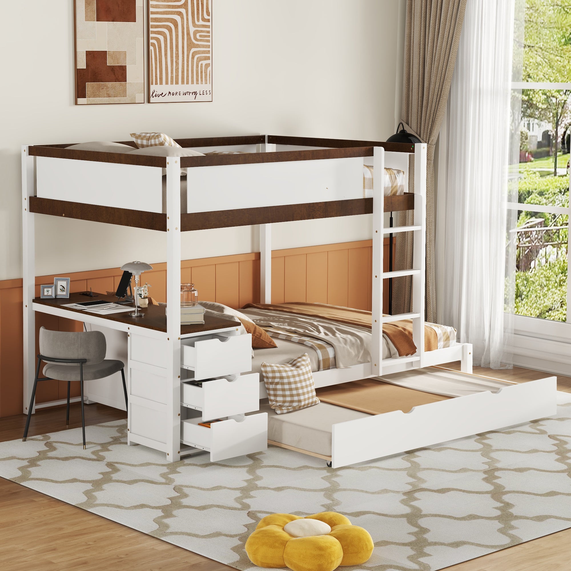 Full Over Full Bunk Bed With Twin Size Trundle, Storage And Desk, White Walnut White Walnut Solid Wood