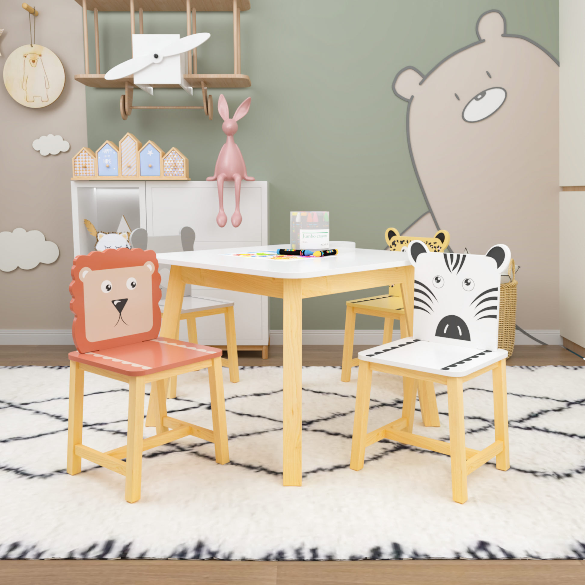 5 Piece Kiddy Table And Chair Setkids Wood Table With 4 Chairs Set Cartoon Animals Bigger Table 3 8 Years Old White Solid Wood