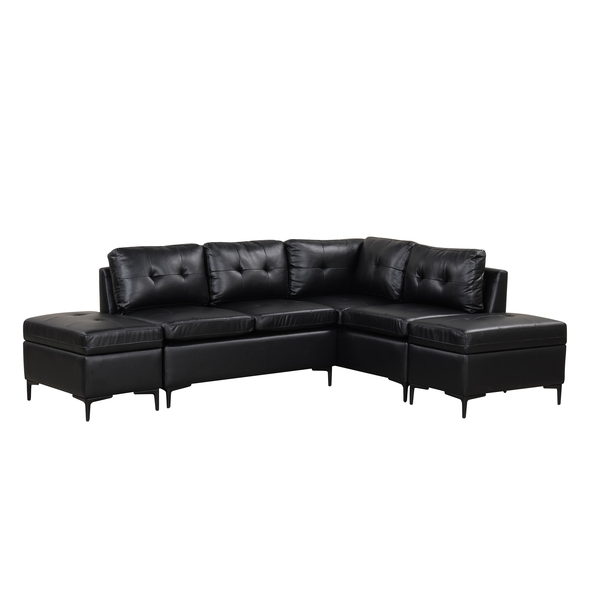 94.88" L Shaped Corner Sofa Pu Leather Sectional Sofa Couch With Movable Storage Ottomans For Living Room, Black Black Foam Pu Leather