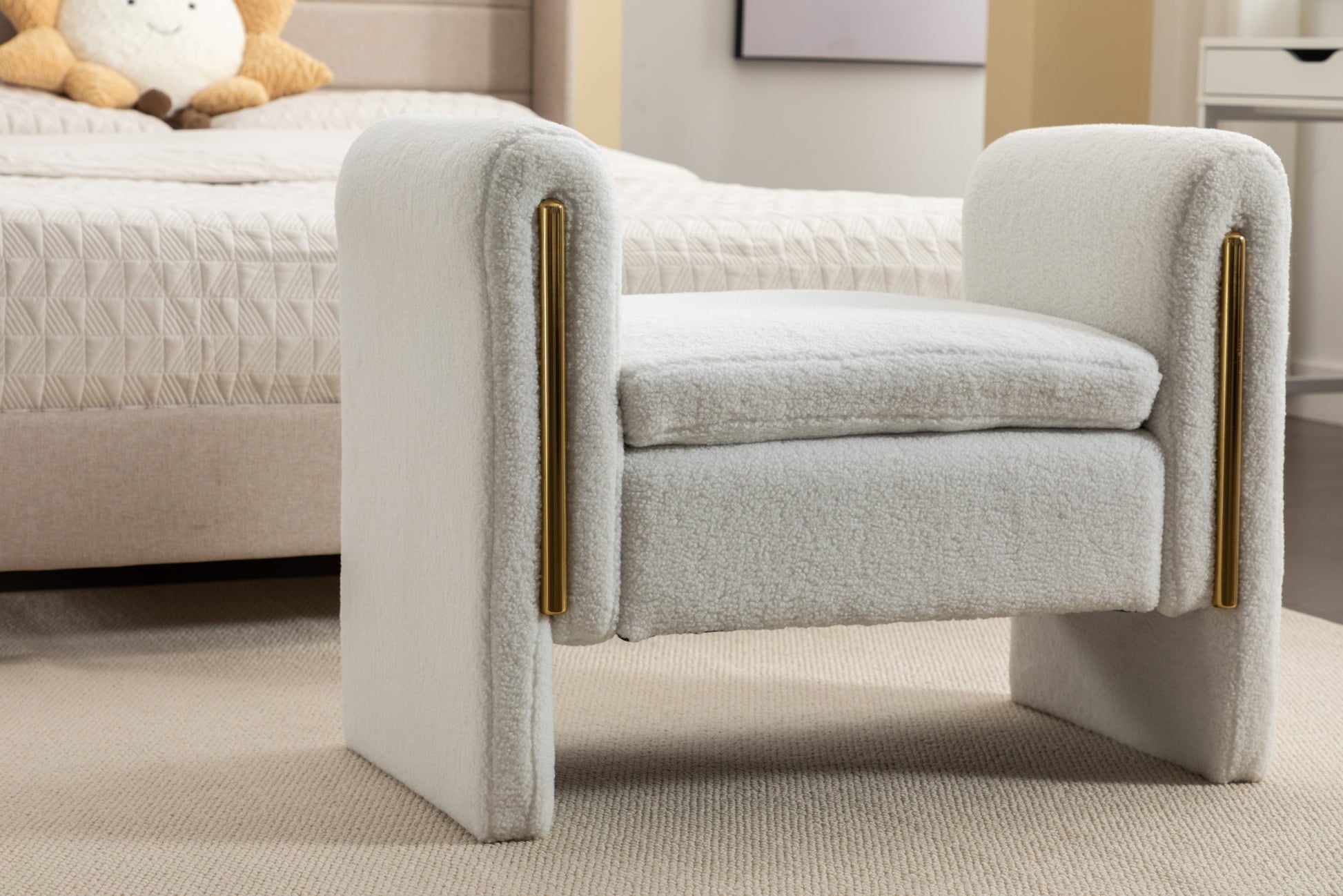 031 Teddy Fabric Single Bench Shoe Bench Makeup Bench For Bedroom Indoor,Ivory Wood Bedroom White Solid Eucalyptus Wood Tufted Ivory Polyester Backless Soft Modern Foam Teddy