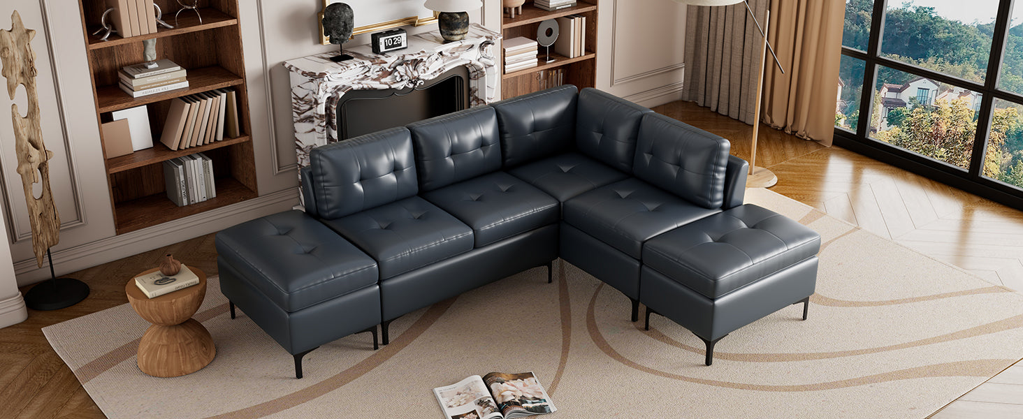 94.88" L Shaped Corner Sofa Pu Leather Sectional Sofa Couch With Movable Storage Ottomans For Living Room, Blue Blue Foam Pu Leather