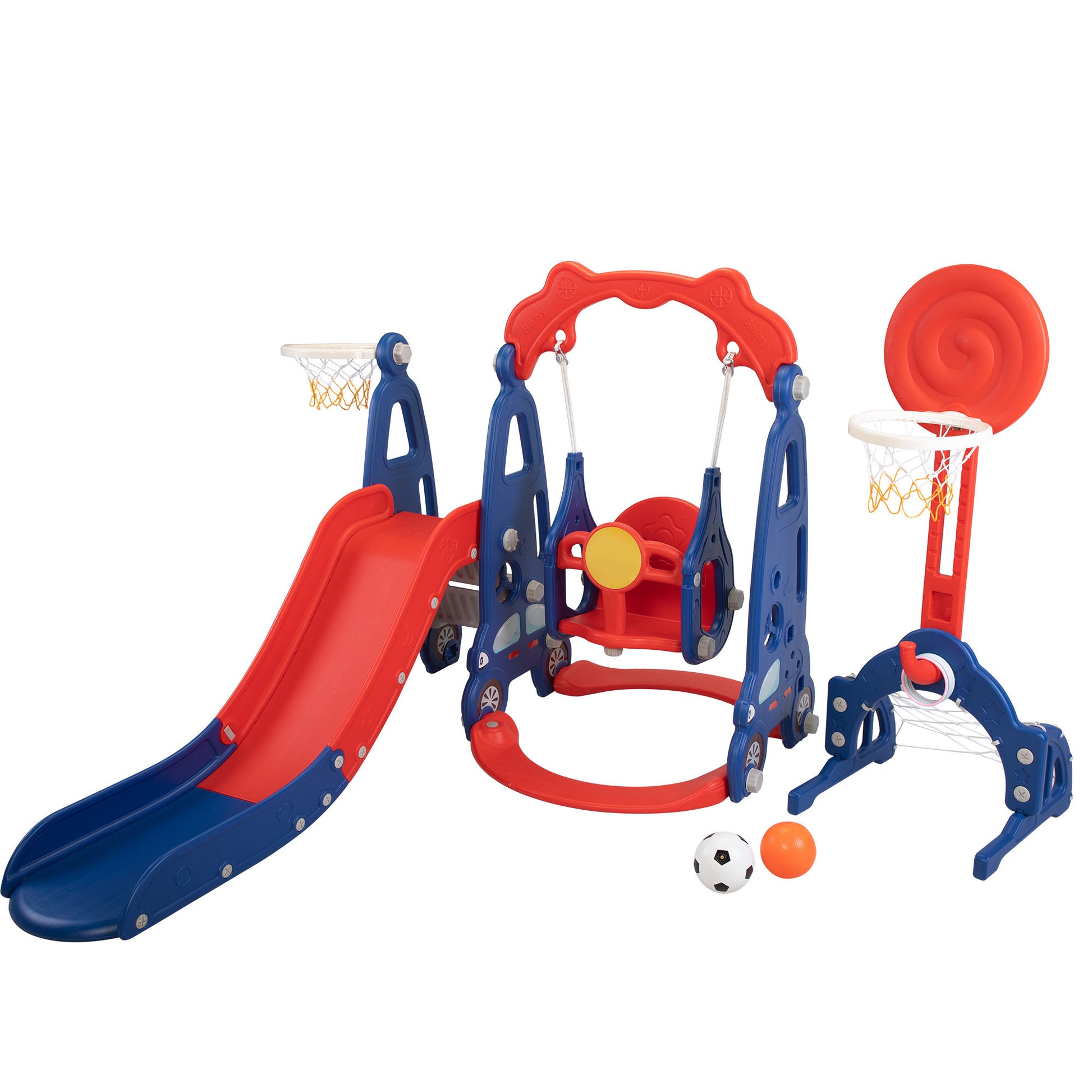 5 In 1 Slide And Swing Playing Set, Toddler Extra Long Slide With 2 Basketball Hoops, Football, Ringtoss, Indoor Outdoor Red Hdpe