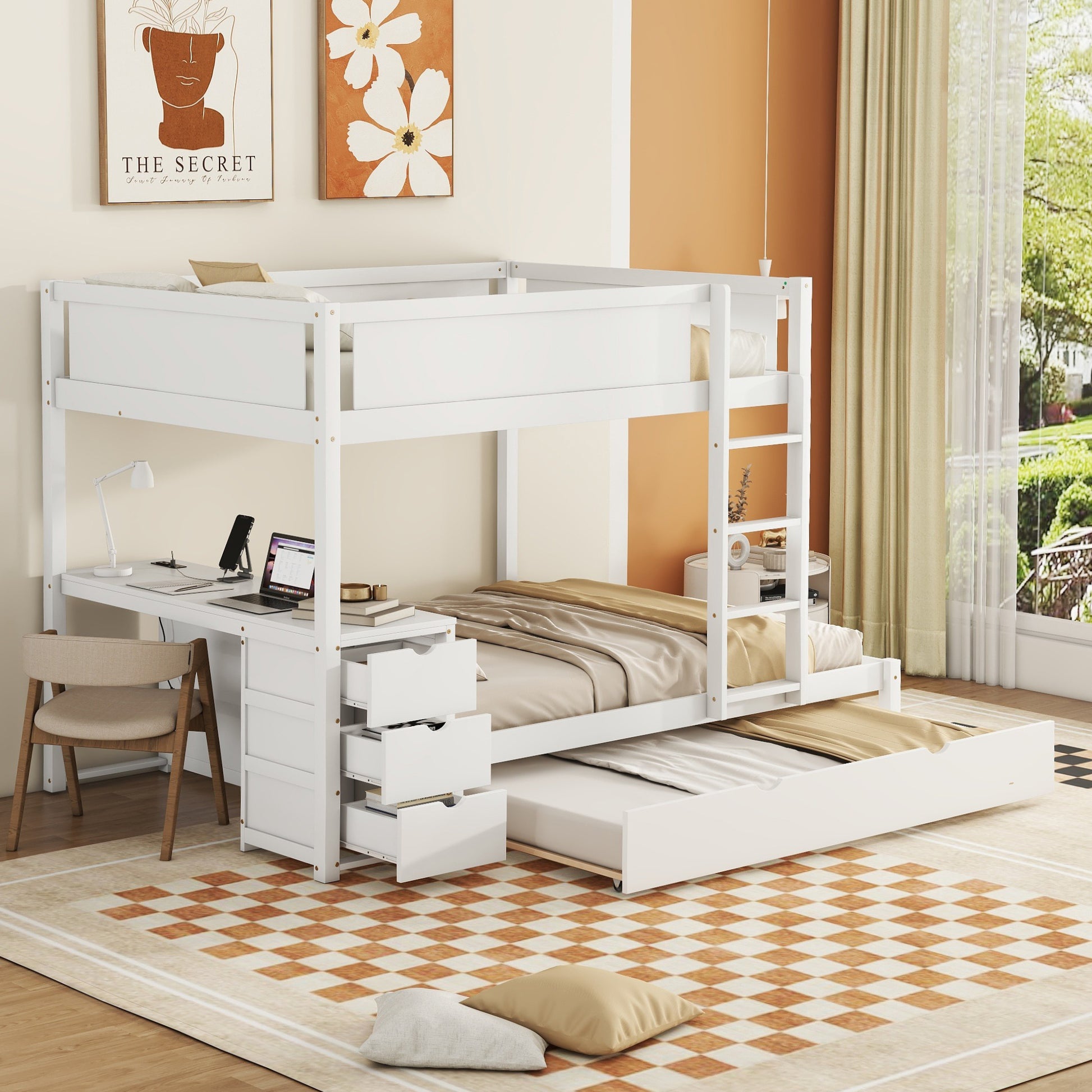 Full Over Full Bunk Bed With Twin Size Trundle, Storage And Desk, White White Solid Wood