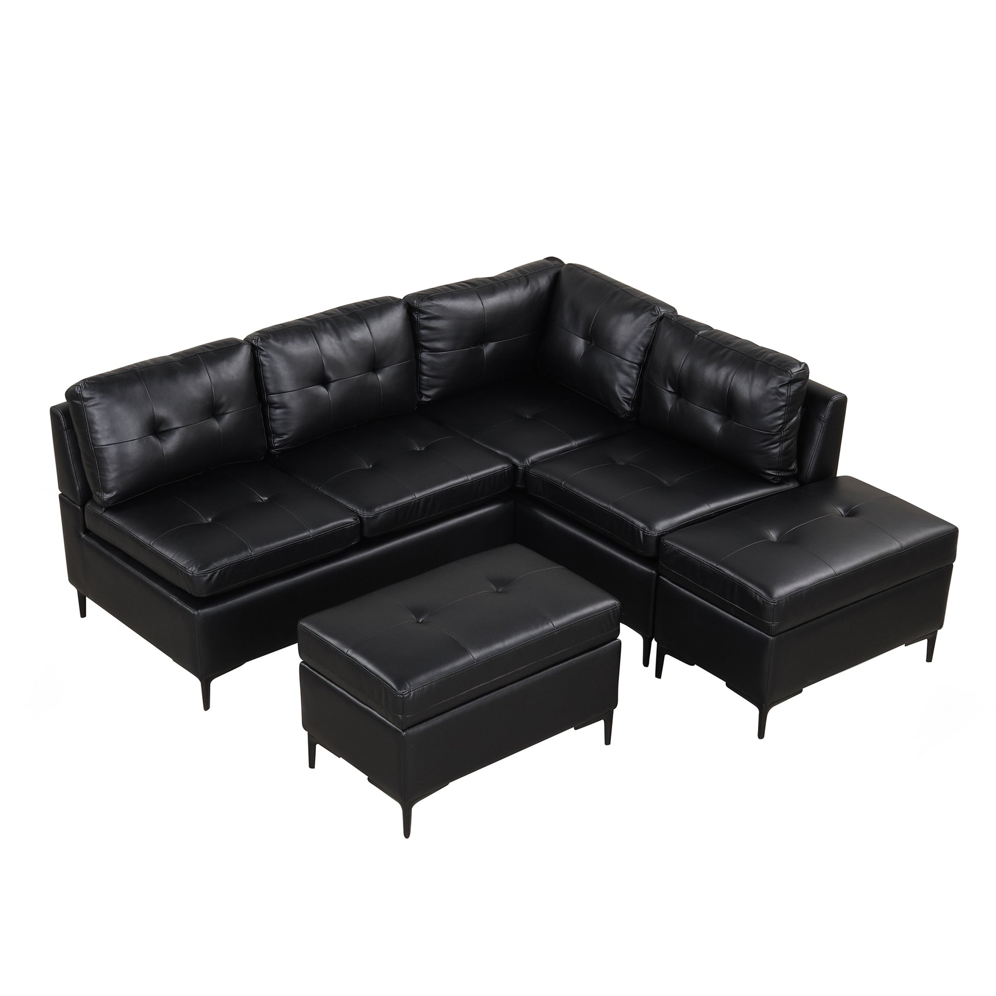 94.88" L Shaped Corner Sofa Pu Leather Sectional Sofa Couch With Movable Storage Ottomans For Living Room, Black Black Foam Pu Leather