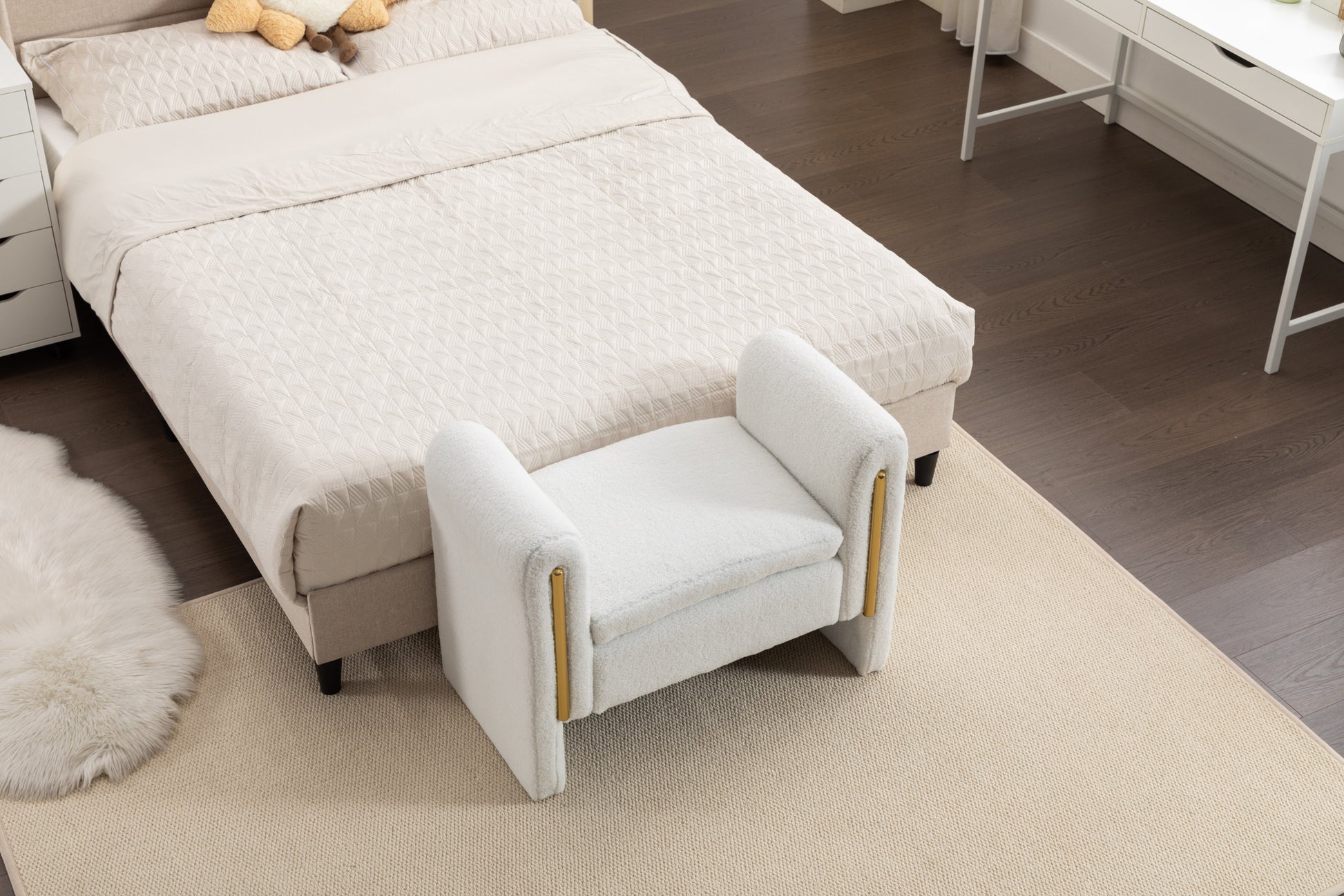 031 Teddy Fabric Single Bench Shoe Bench Makeup Bench For Bedroom Indoor,Ivory Wood Bedroom White Solid Eucalyptus Wood Tufted Ivory Polyester Backless Soft Modern Foam Teddy